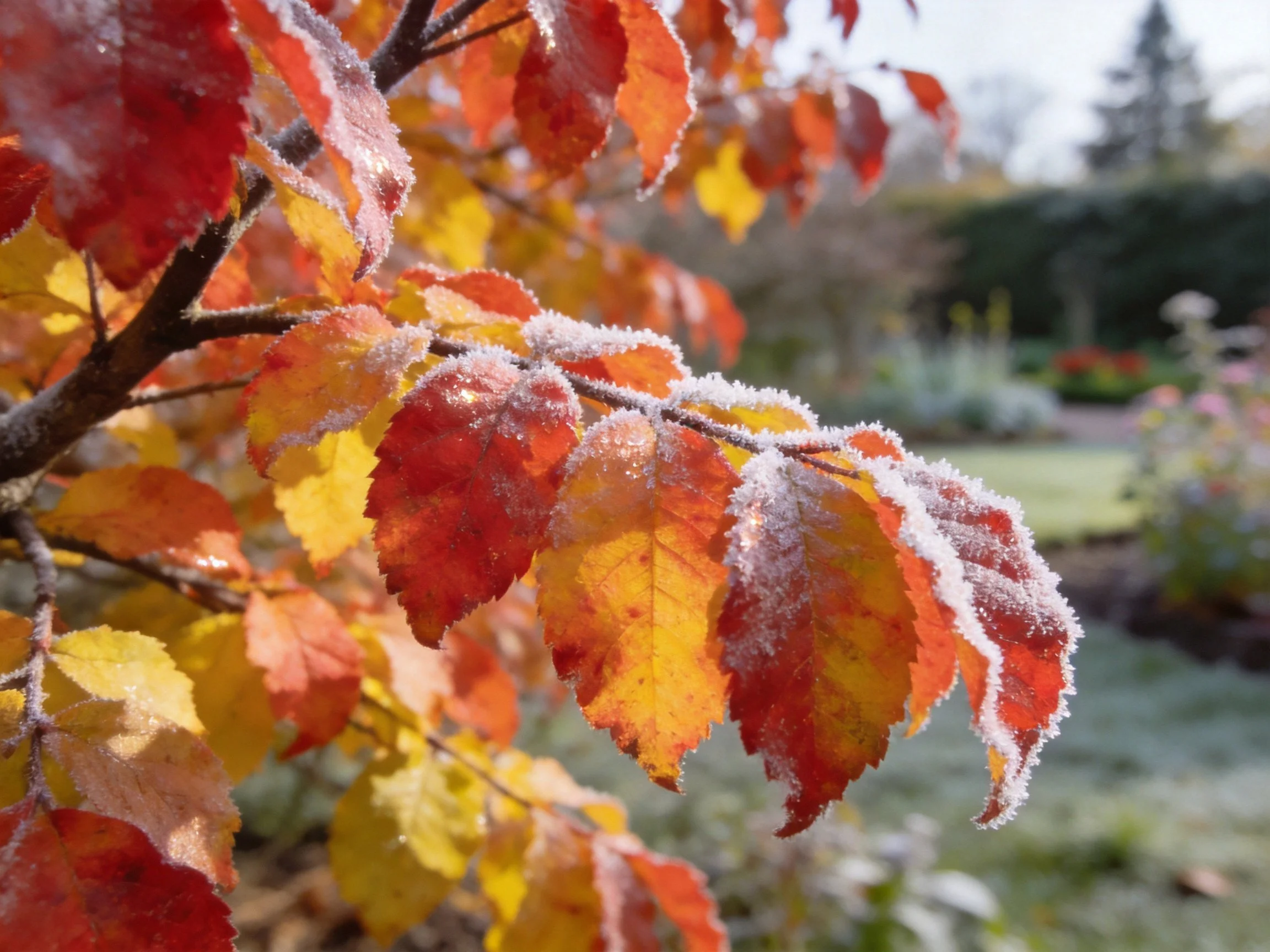 Frost-Coated Autumn Foliage with Red, Orange, Yellow Tones