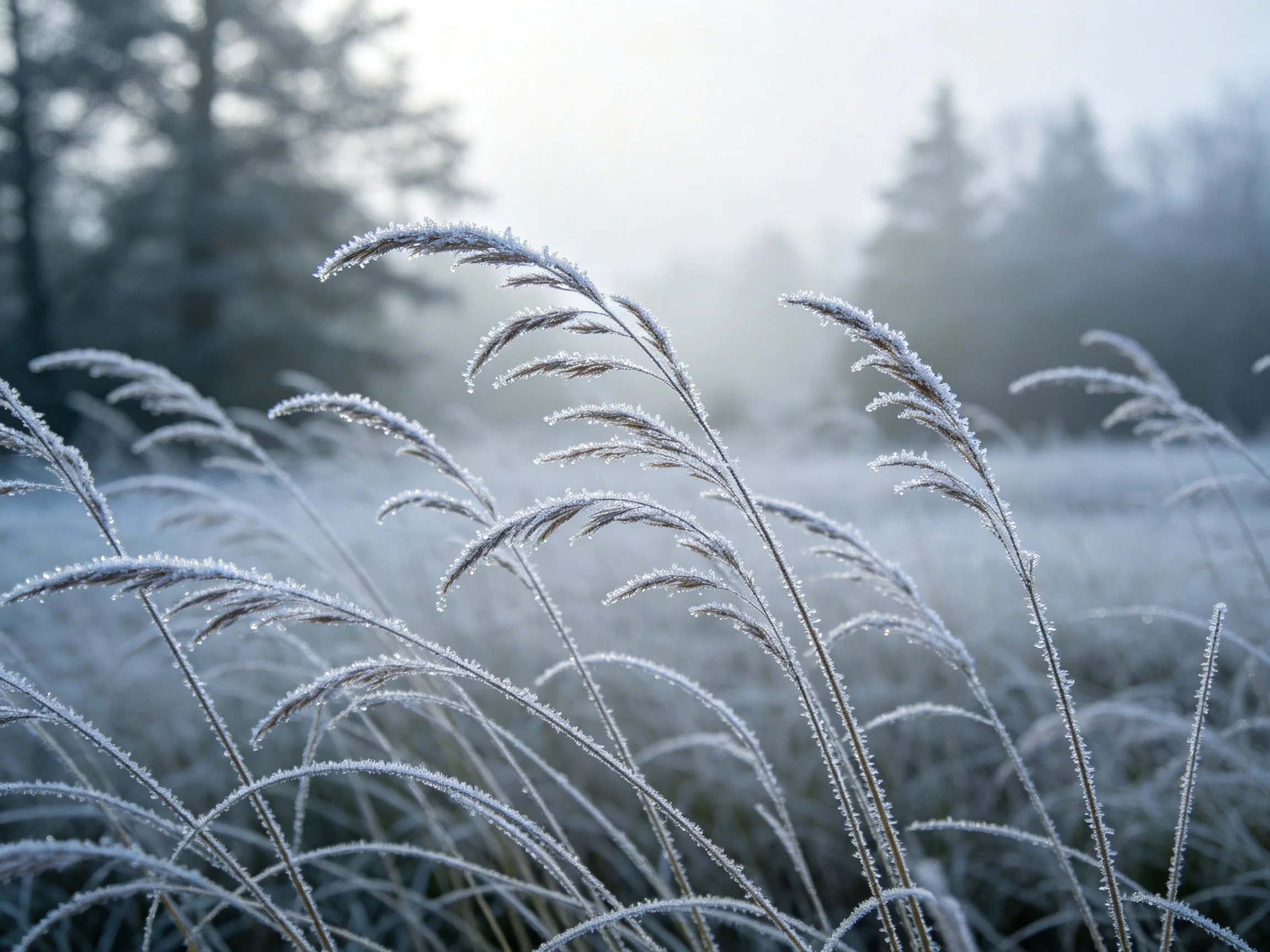 Frost-Covered Grasses in a Misty Winter Field