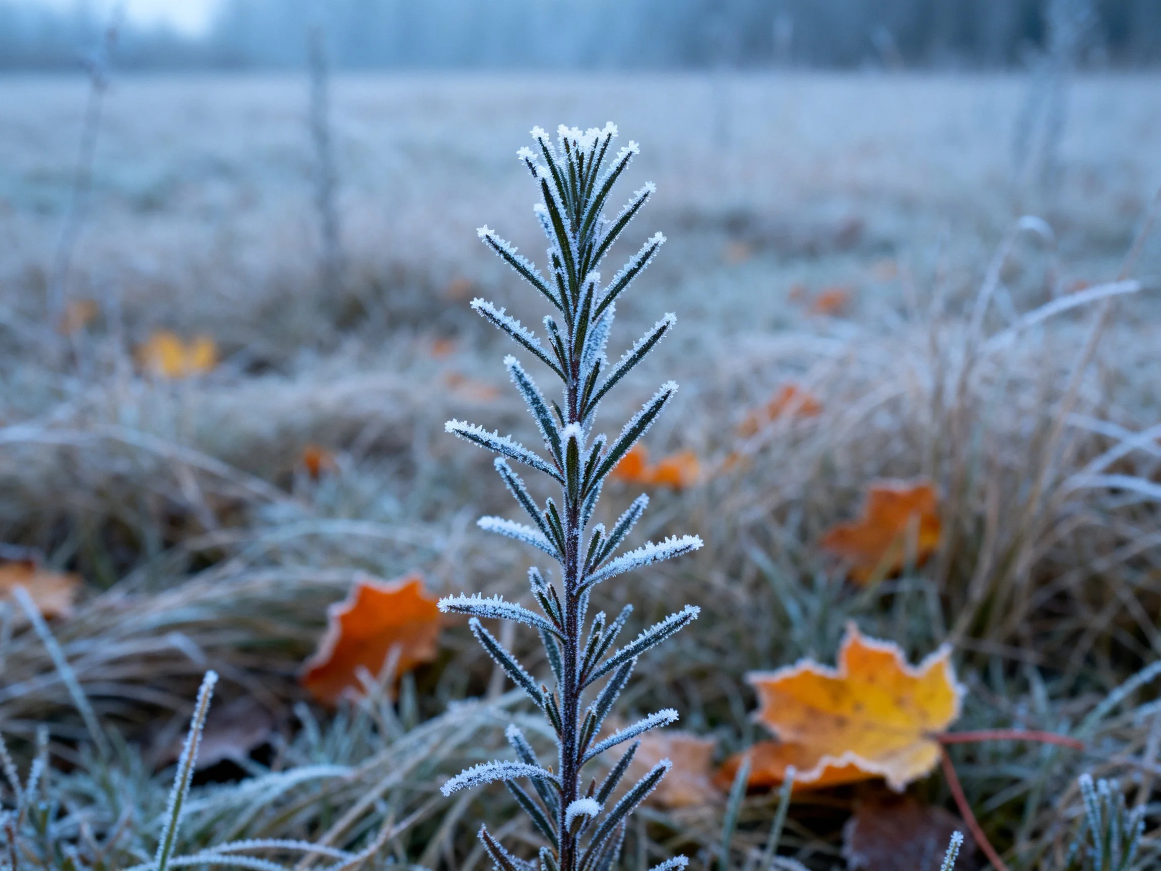 Frost-Covered Rosemary Among Autumn Leaves and Frosted Grass