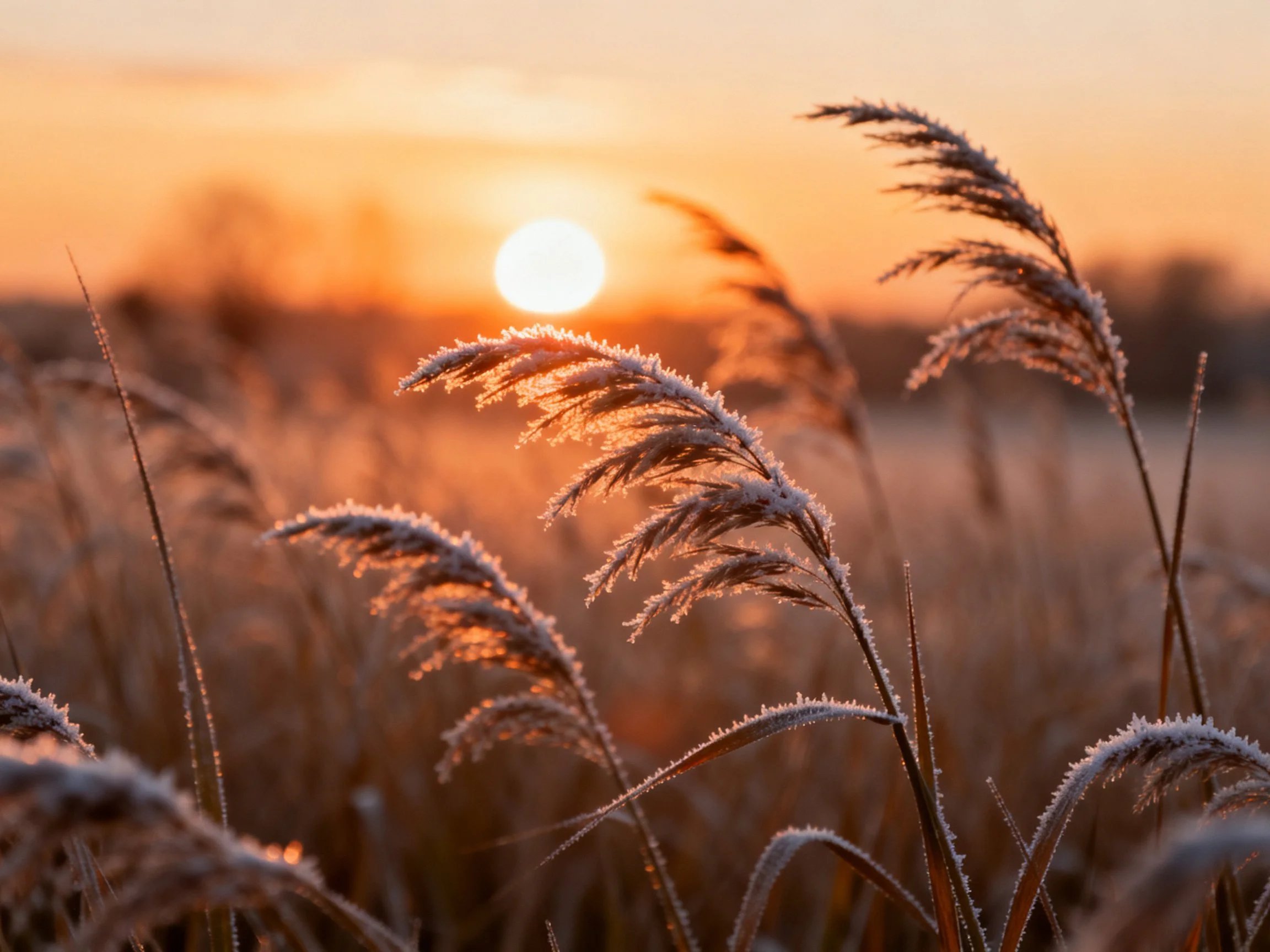Frost-Covered Tall Grasses at Golden Sunset