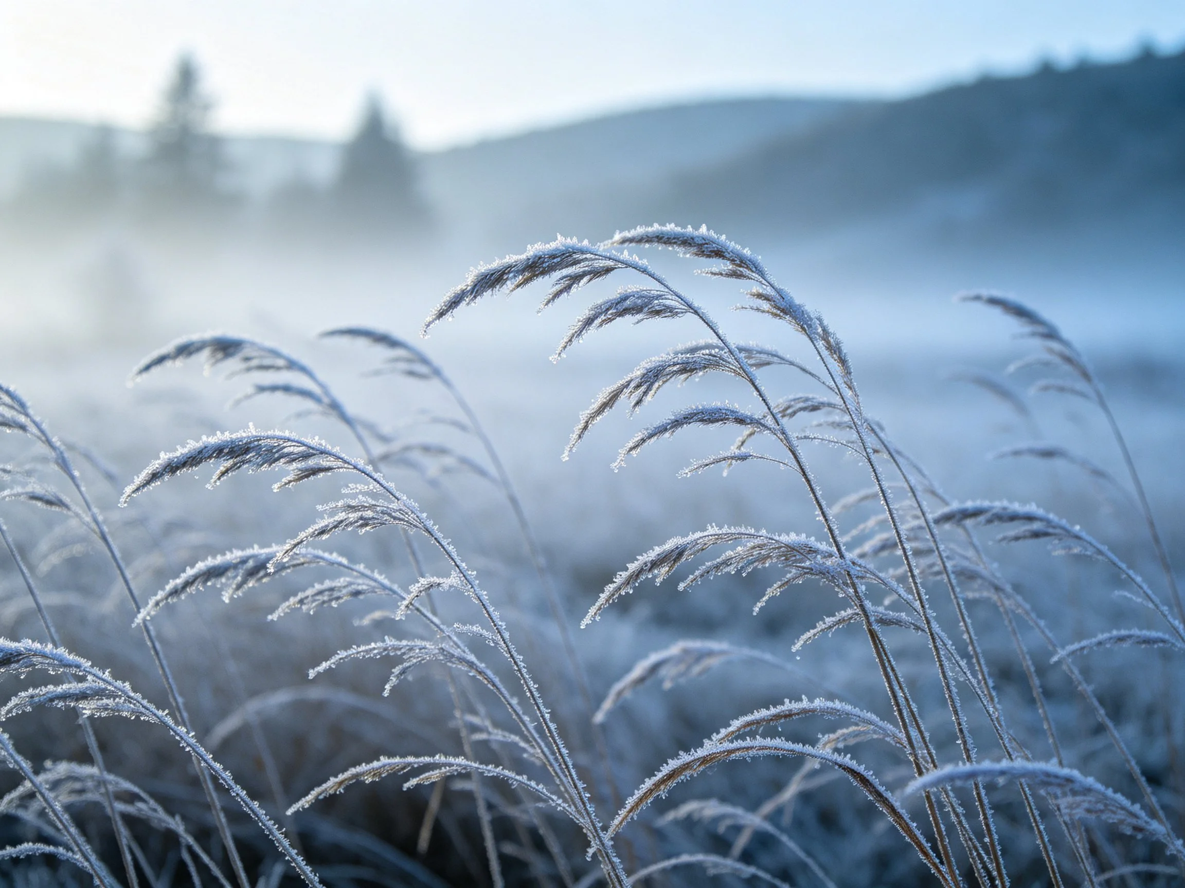 Frost-Covered Tall Grasses in a Misty Winter Landscape