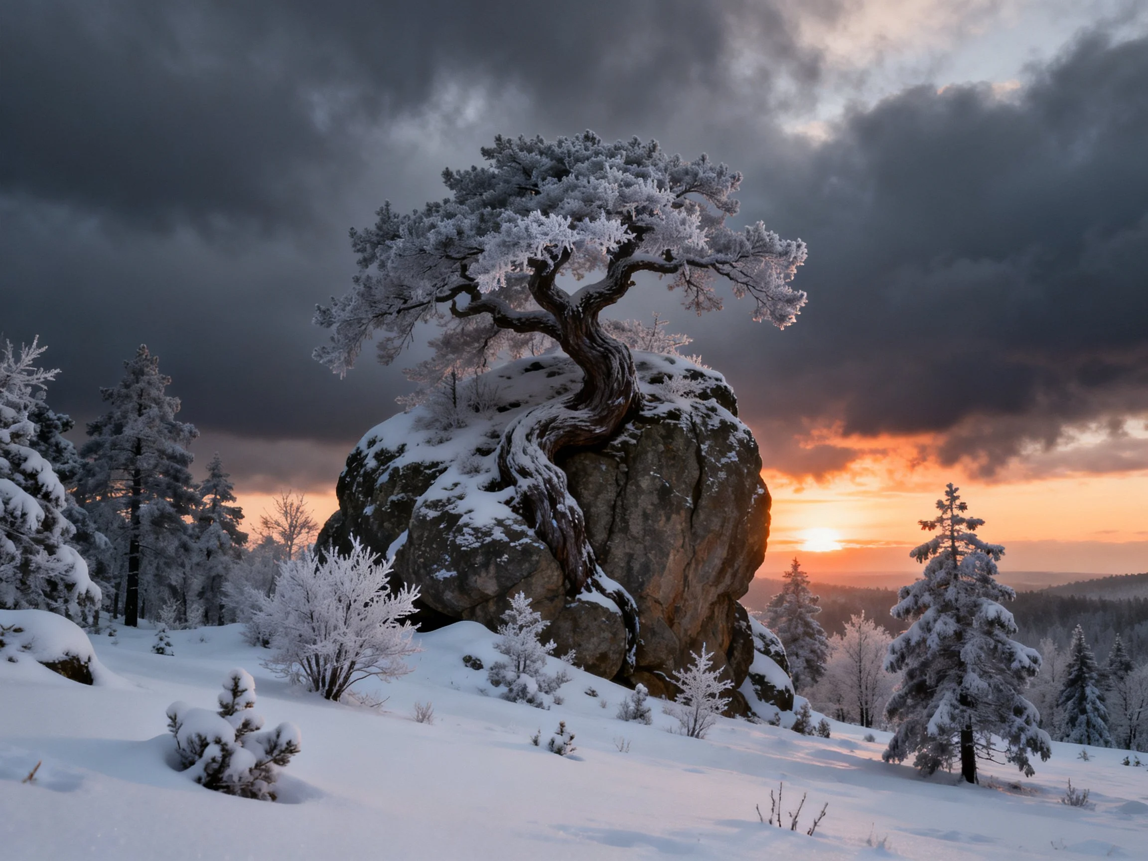 Frost-Covered Tree on a Snow-Capped Rock in Winter Forest