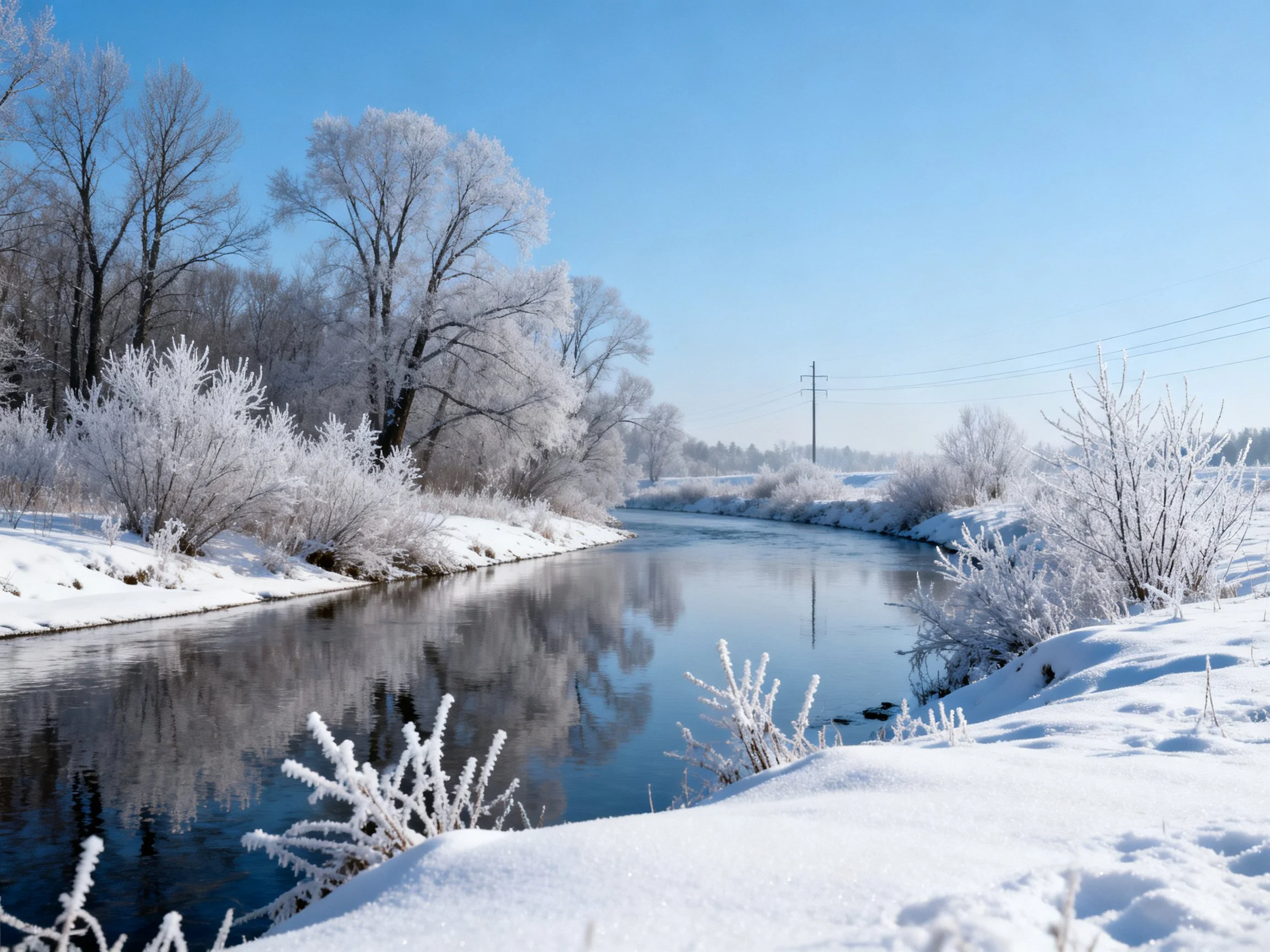 Frost-Covered Trees Along a Snowy Riverbank Under Clear Blue Sky