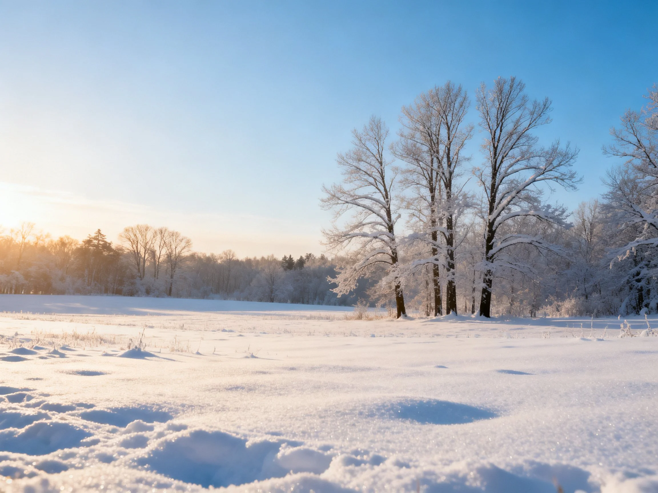 Frost-Covered Trees Stand in a Snowy Field Under Bright Blue Sky