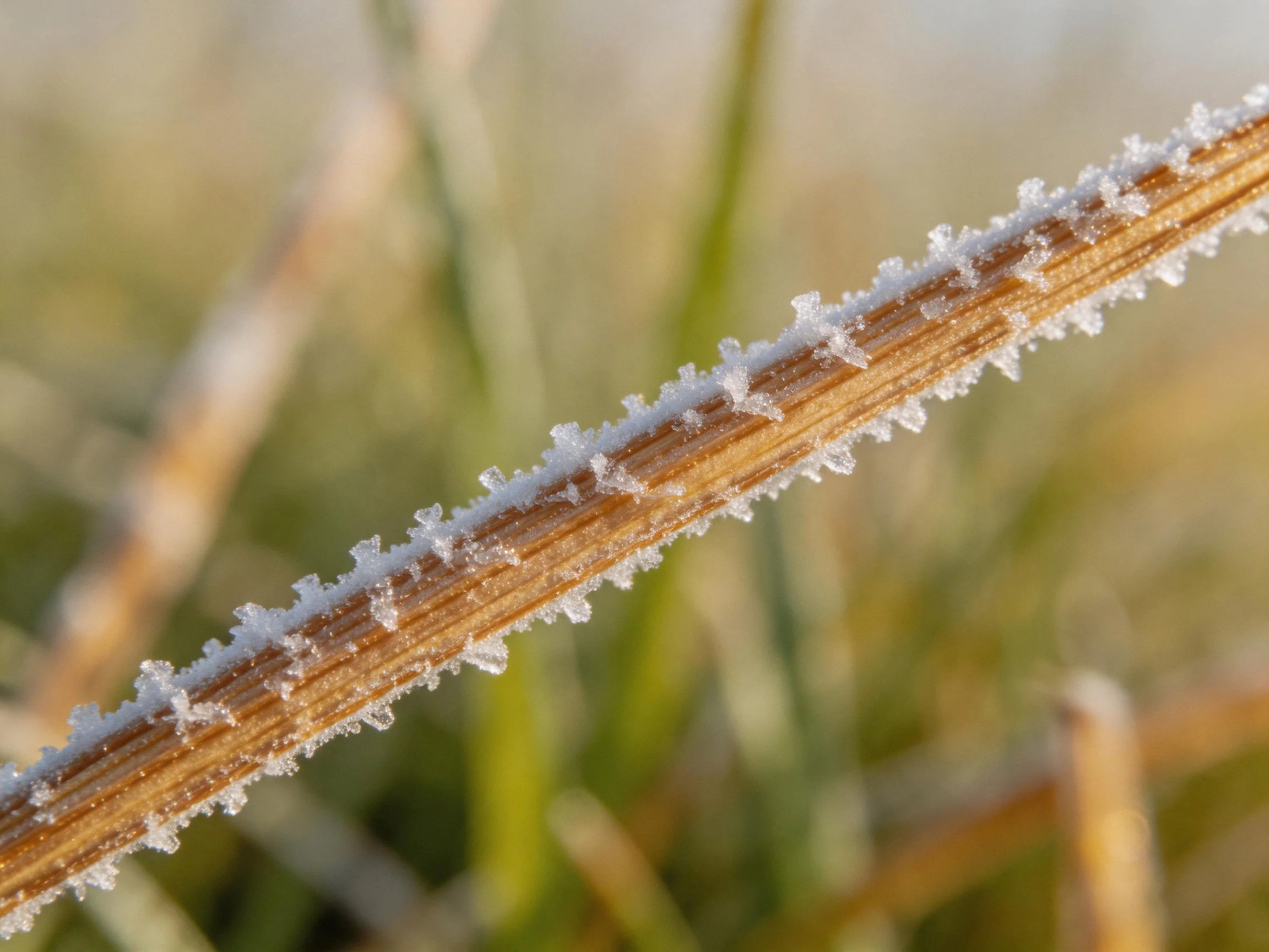 Frost-Crusted Brown Plant Stem with Blurred Natural Background