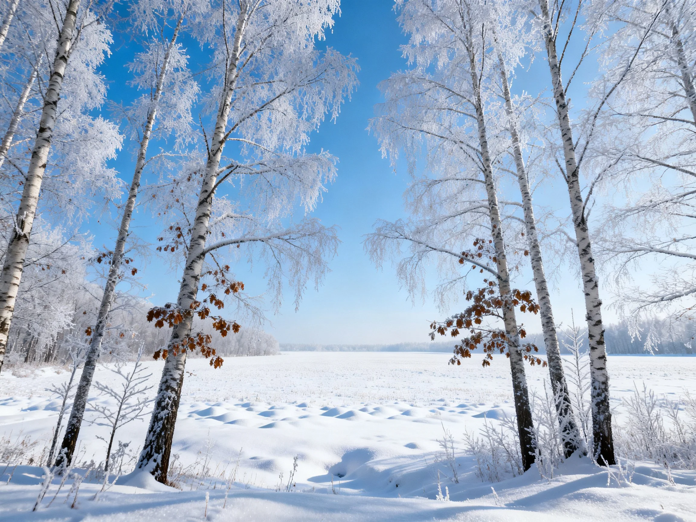 Frost-coated birch trees overlook a broad snowy field under a clear blue sky