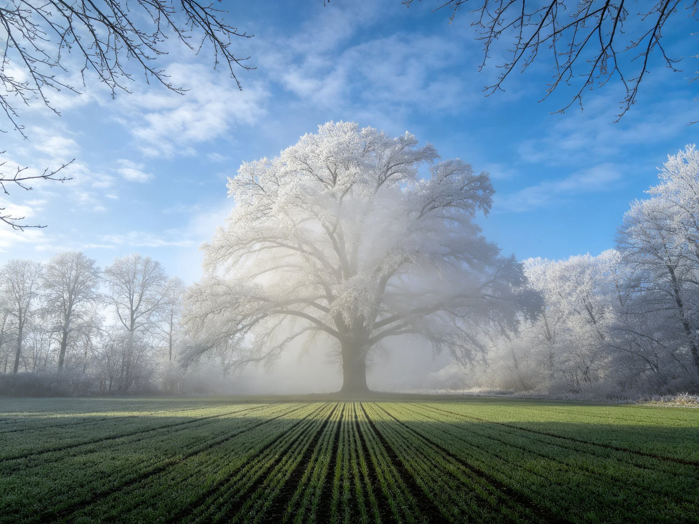 Frost-coated giant oak towers over green field with morning mist
