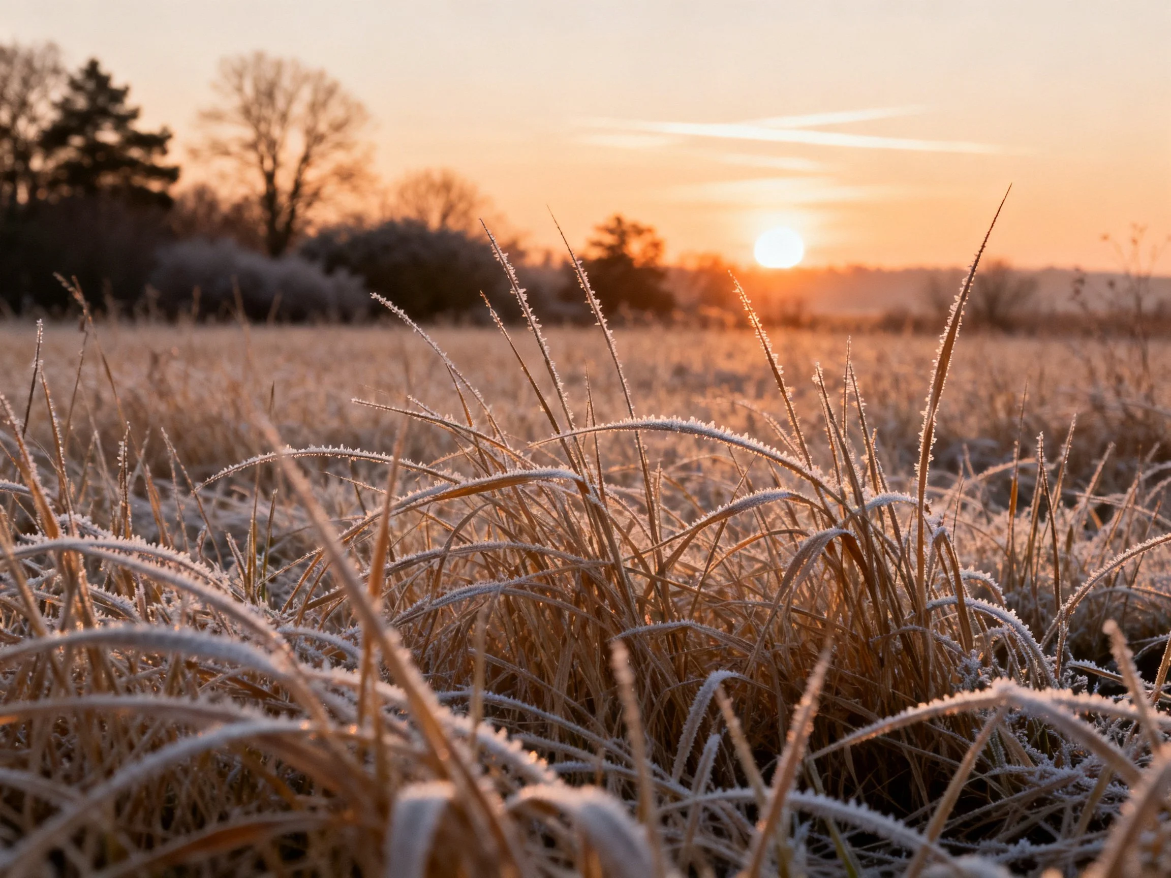 Frost-coated grasses illuminated by warm morning light