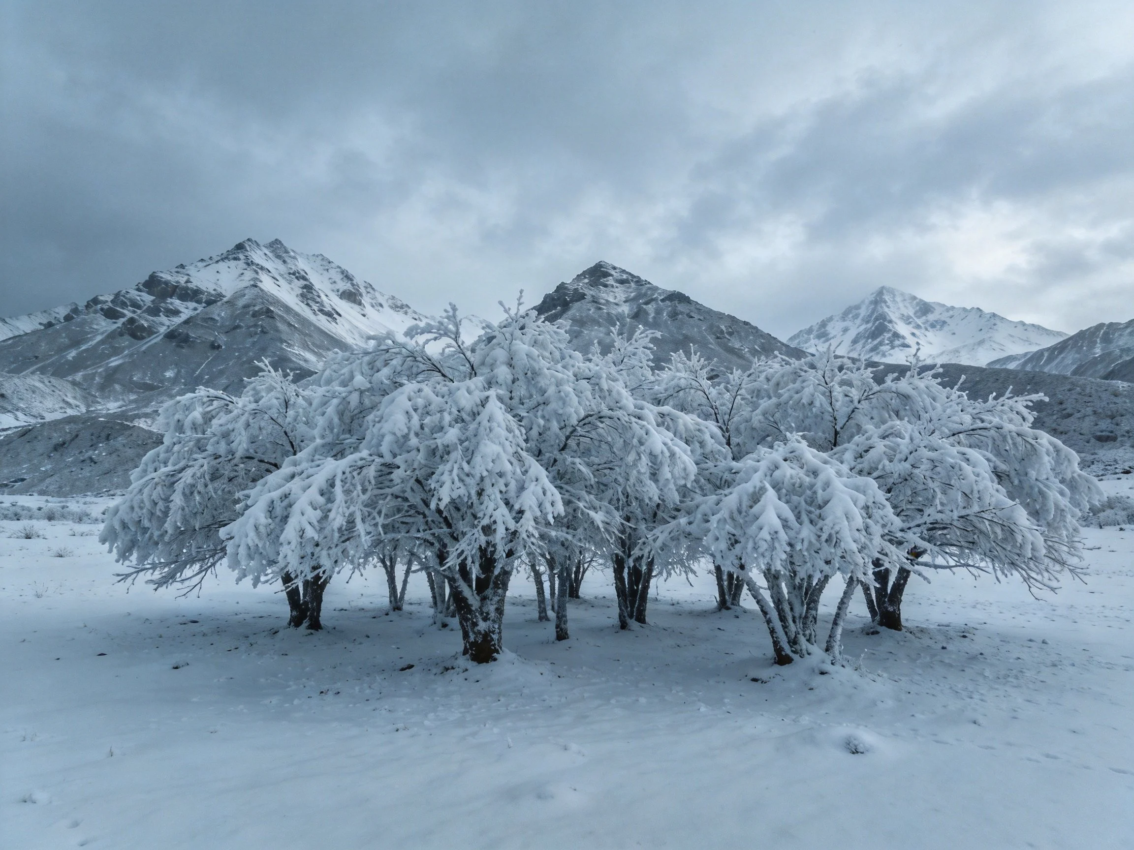 Frost-coated trees cluster amid snowy mountains under overcast skies.