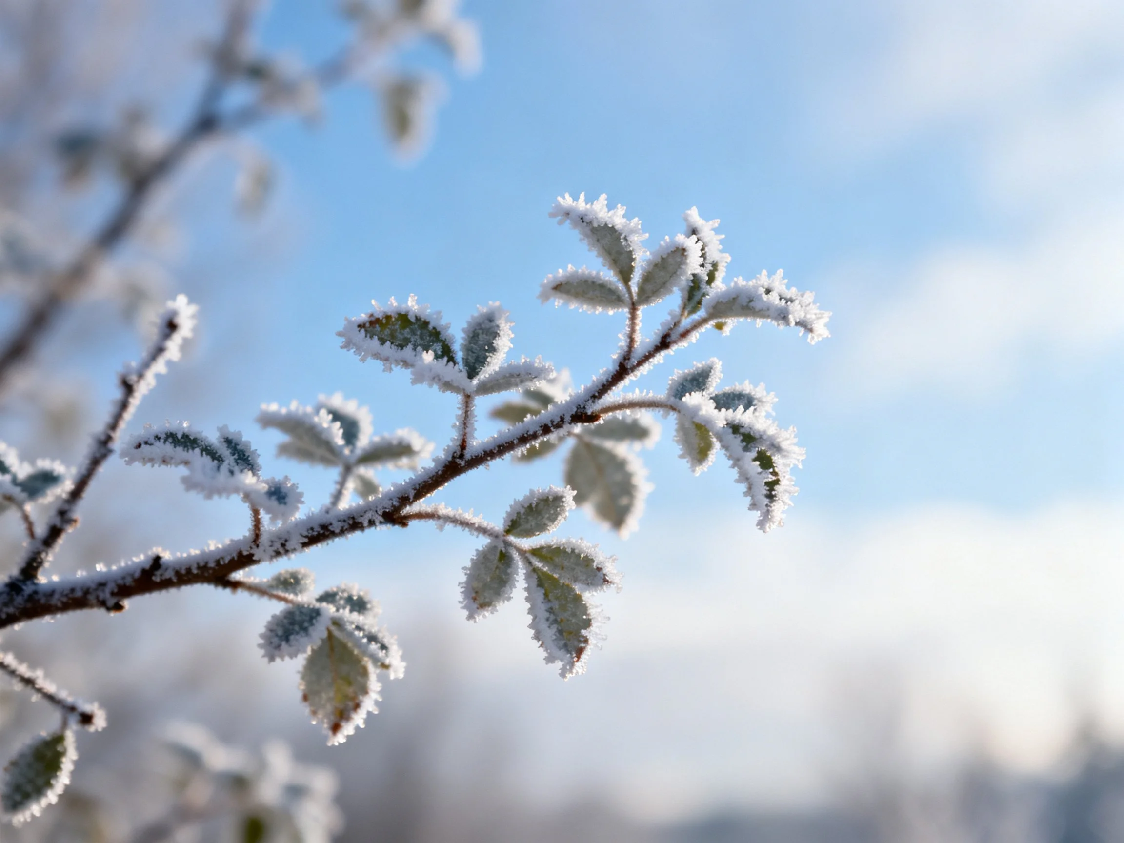 Frost-covered branch with crystalline leaves against clear blue sky