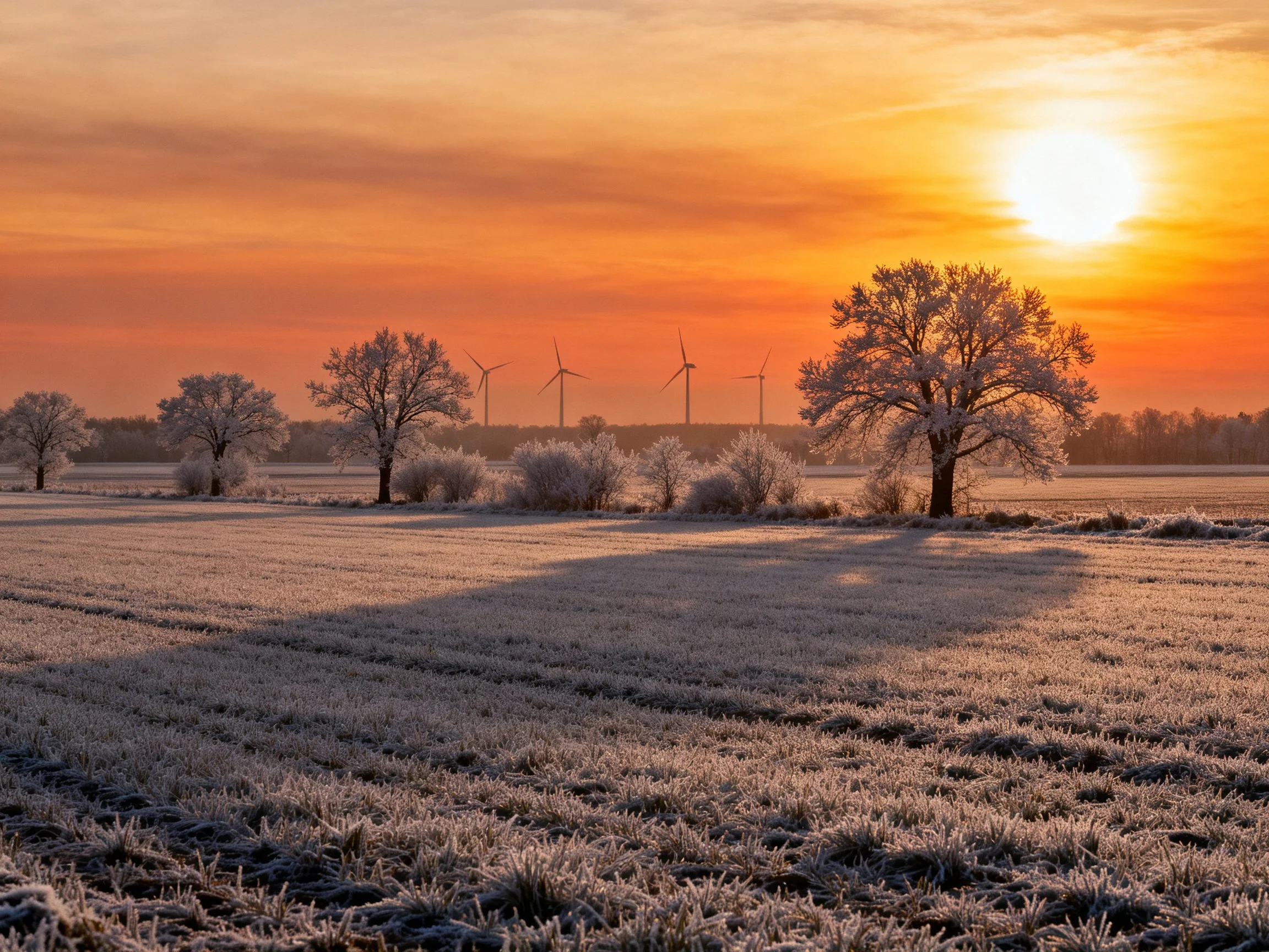 Frost-covered field with golden sunset and wind turbines