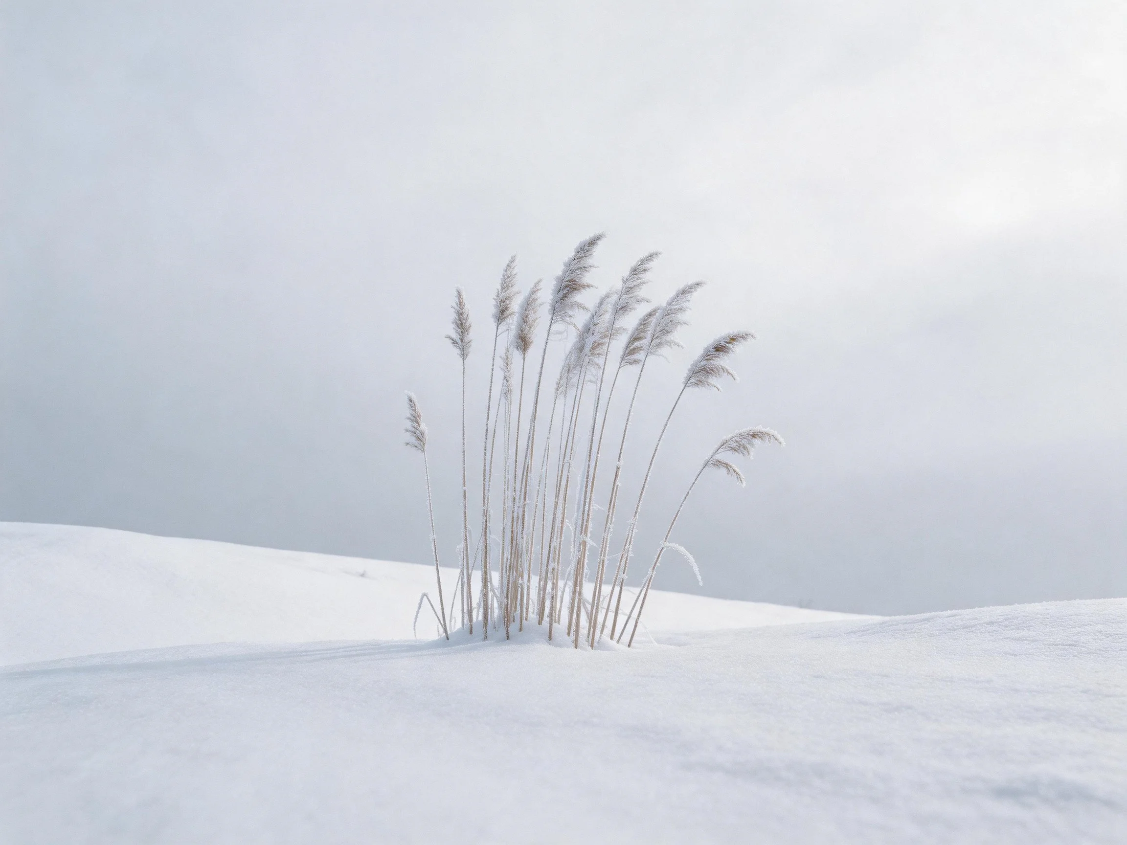 Frost-covered tall plants in vast snowy landscape