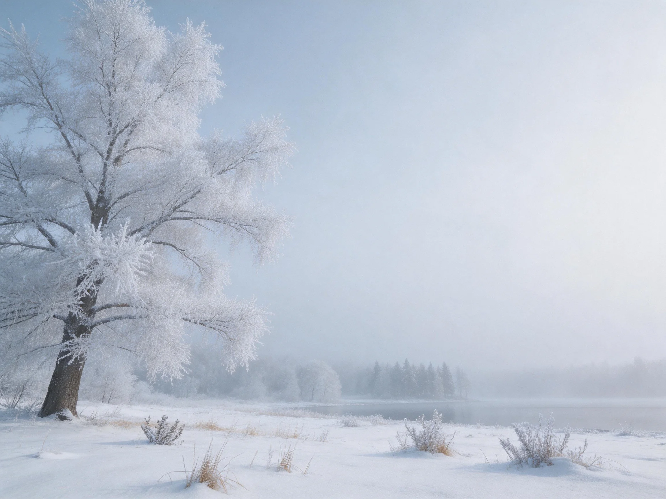 Frost-covered tree beside snow-blanketed field near misty water.