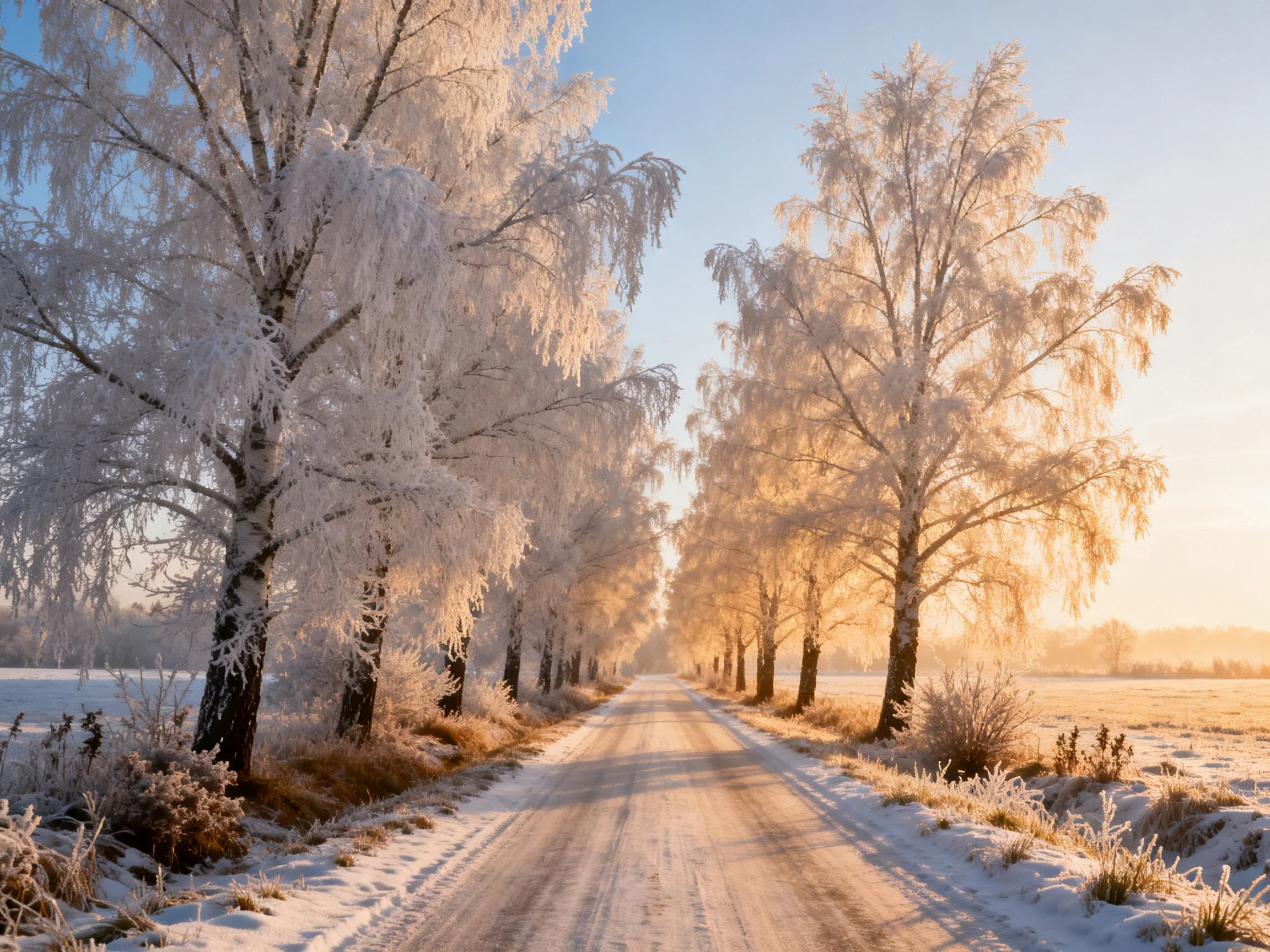 Frost-covered trees flank a snowy country road during early morning light
