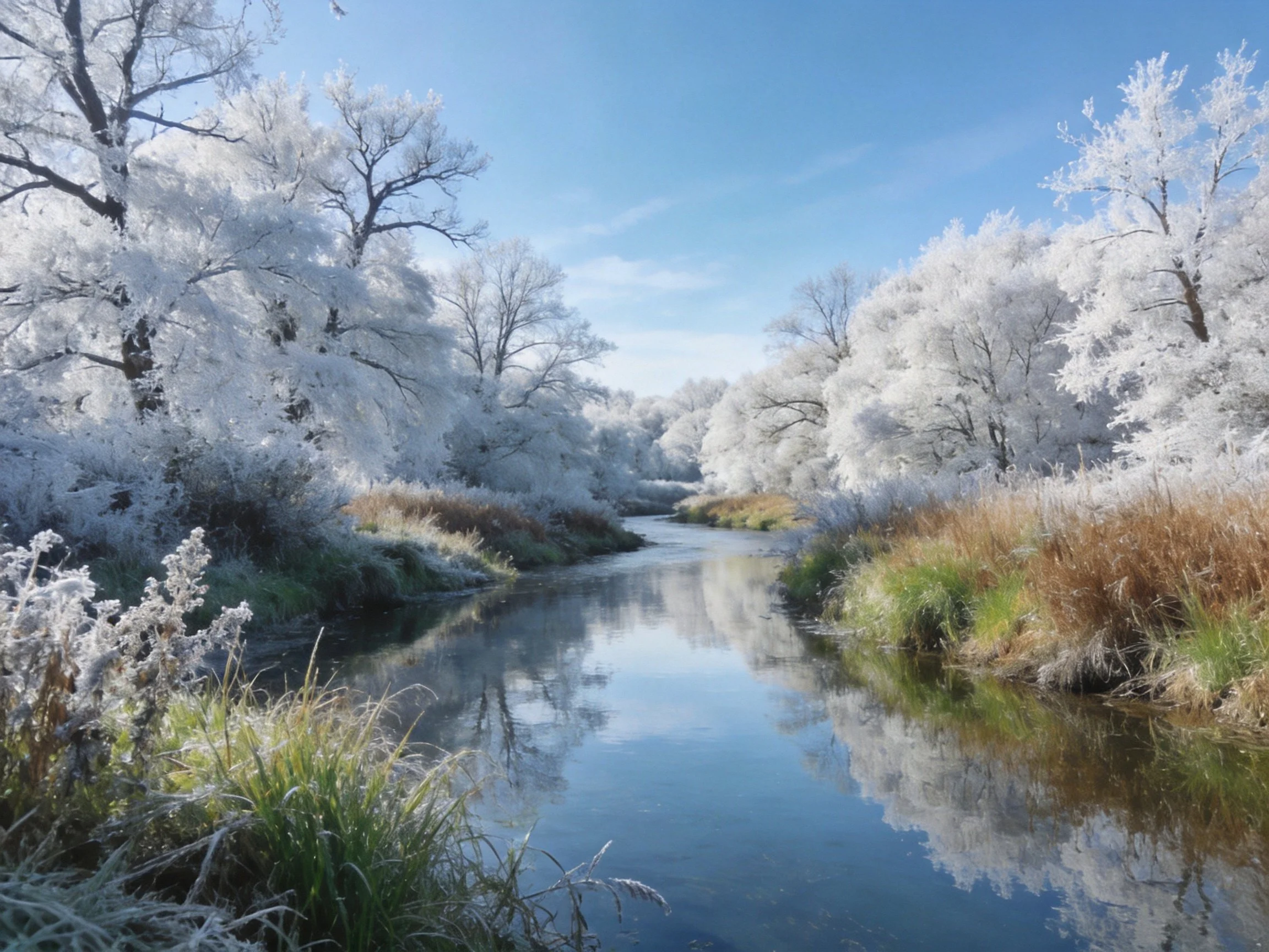 Frost-covered trees frame a calm river with clear blue sky
