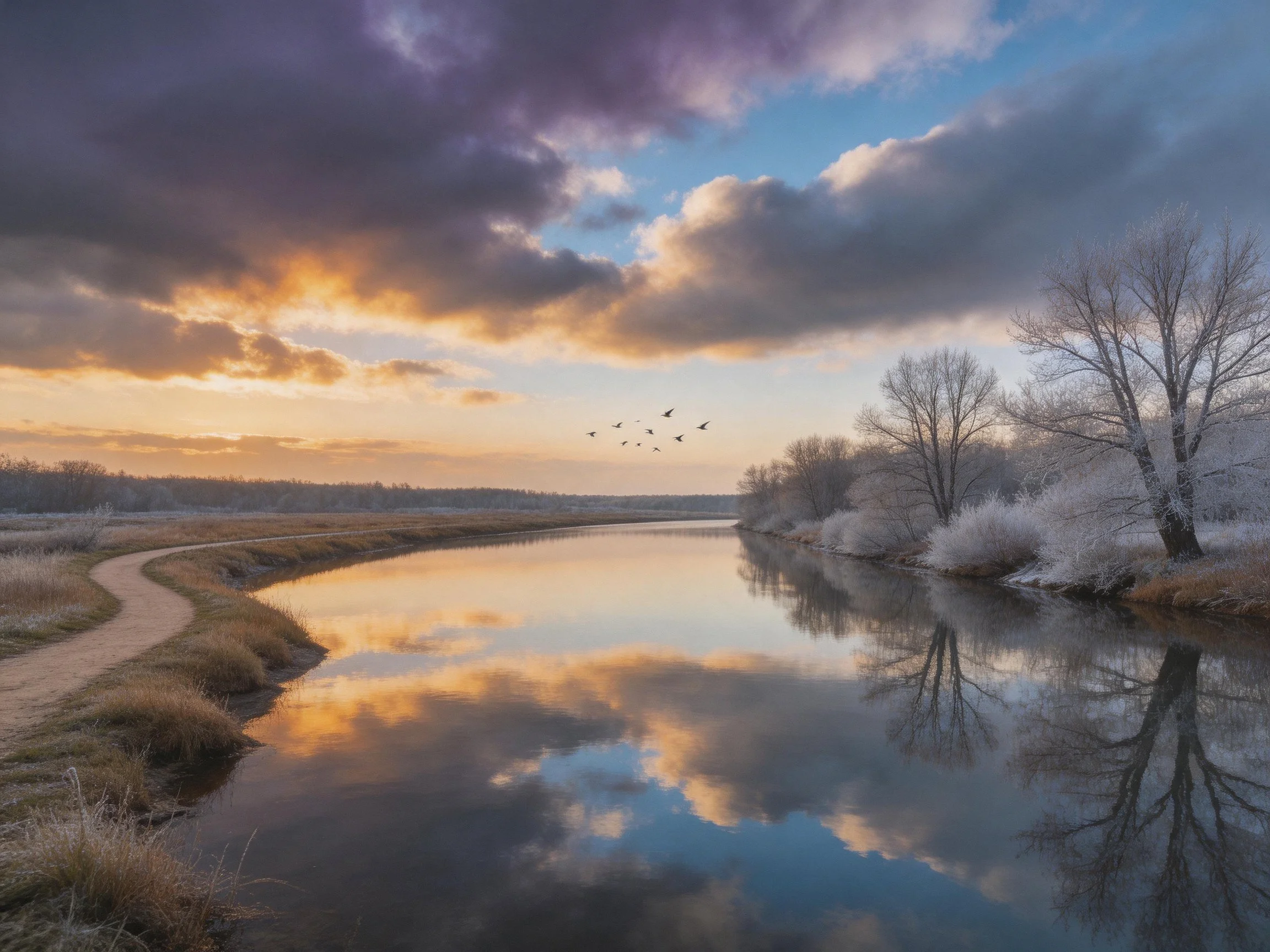 Frost-covered trees reflect in calm winter river at sunrise