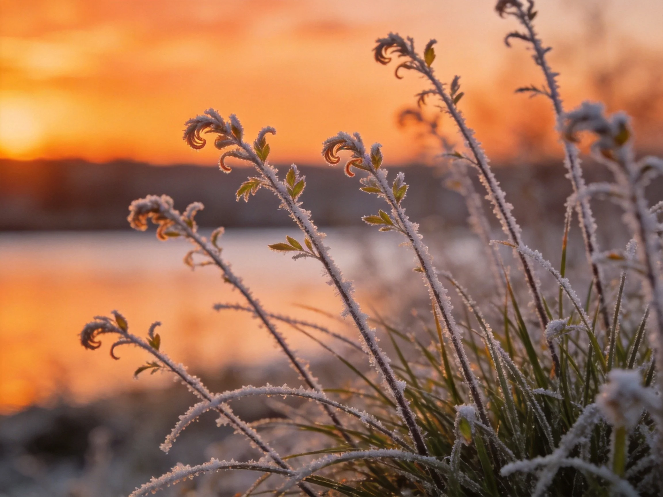 Frost-covered vegetation near a glowing sunset