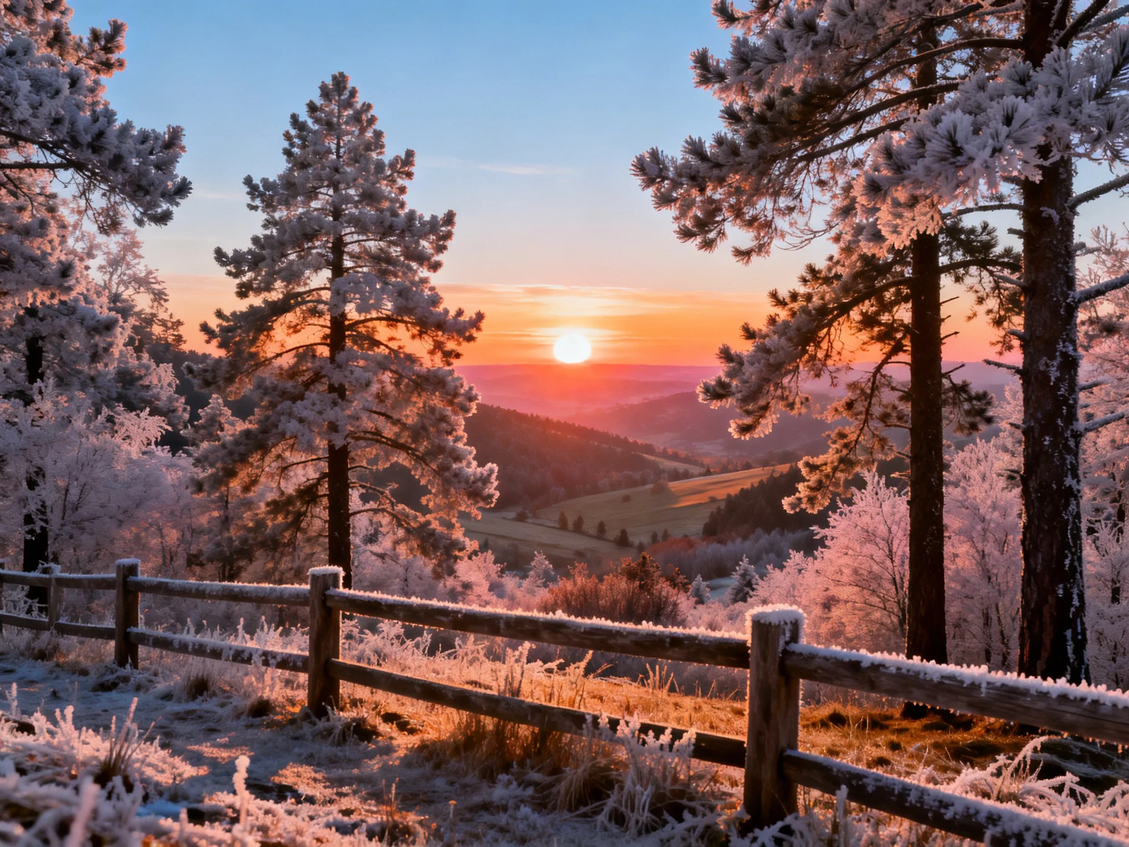 Frost-draped evergreens beside a wooden fence under vibrant sunset sky