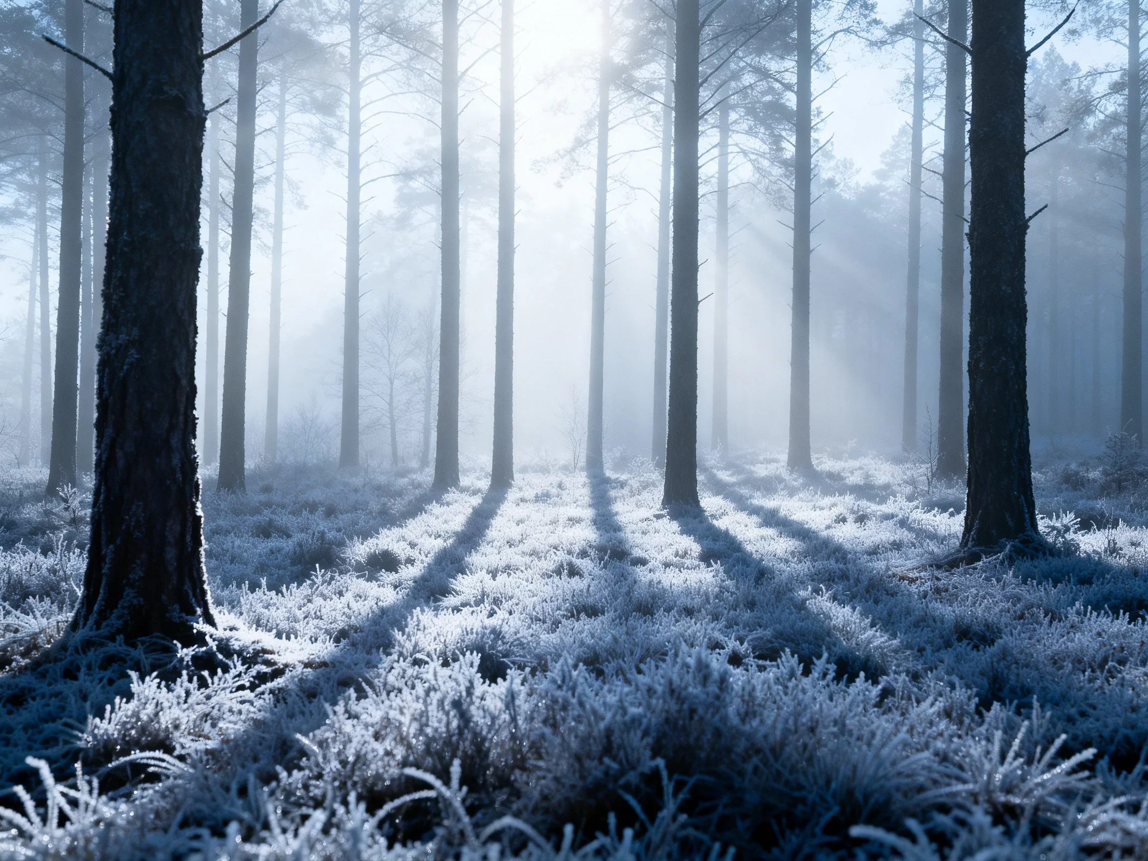 Frost-draped forest with tall pine trees and misty morning glow