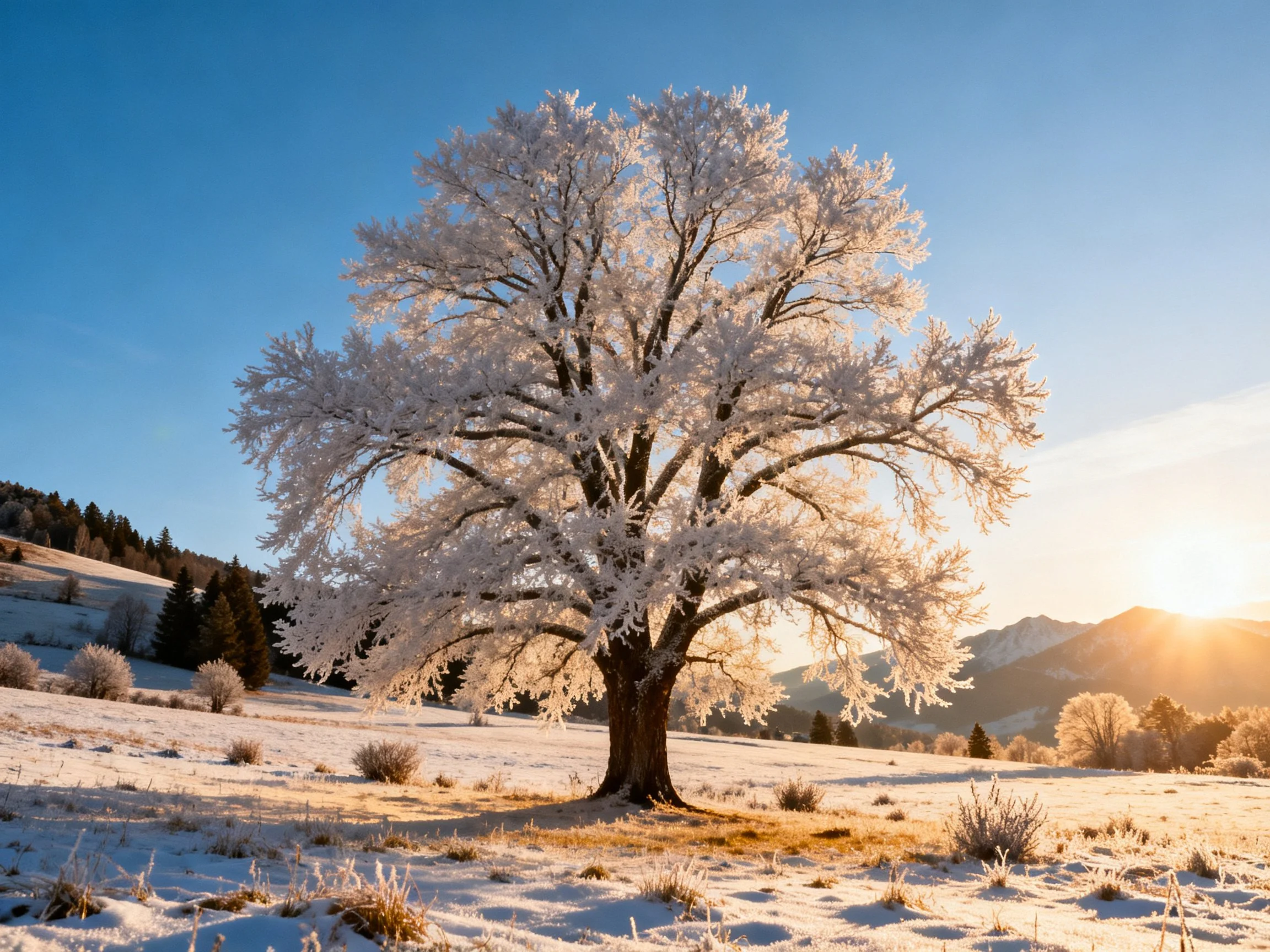Frost-laden oak in snowy meadow with distant mountains