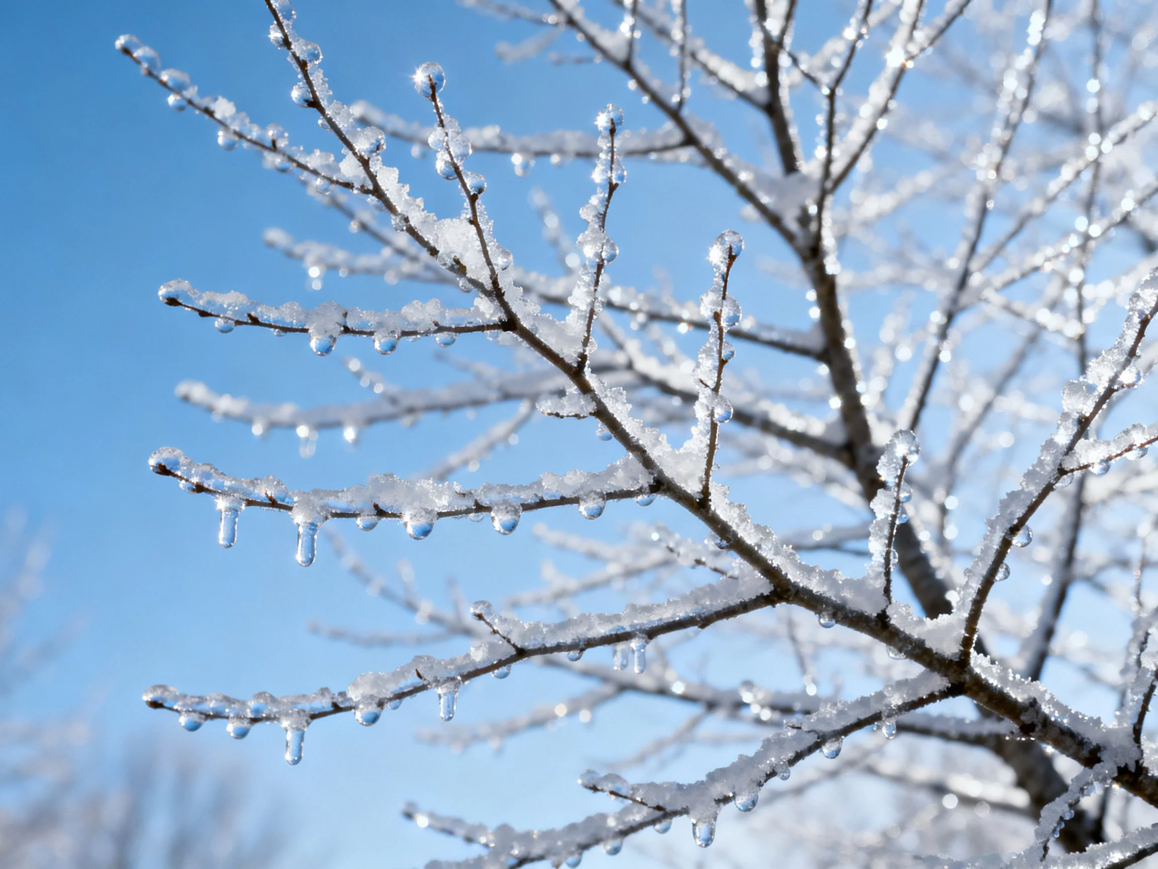 Frost-laden tree branches with hanging icicles under clear blue sky