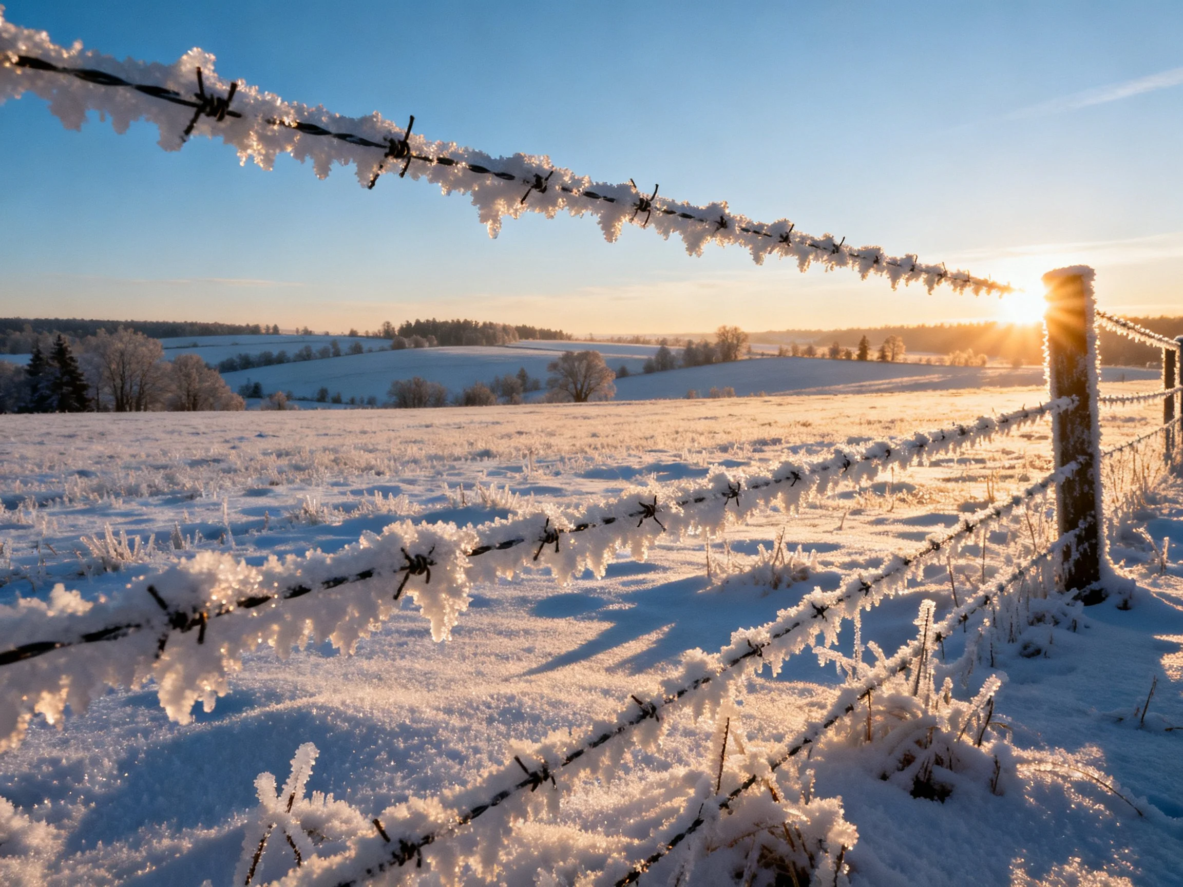 Frosted Barbed Wire Fence in Golden Winter Morning
