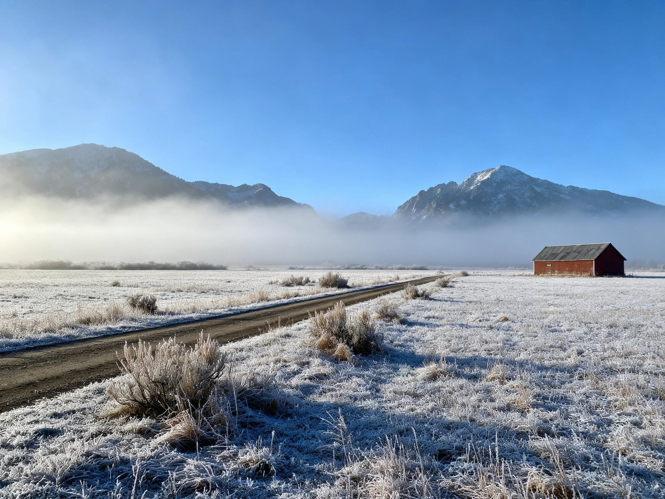 Frosted Field, Road, Red Barn by Misty Mountains Under Clear Sky