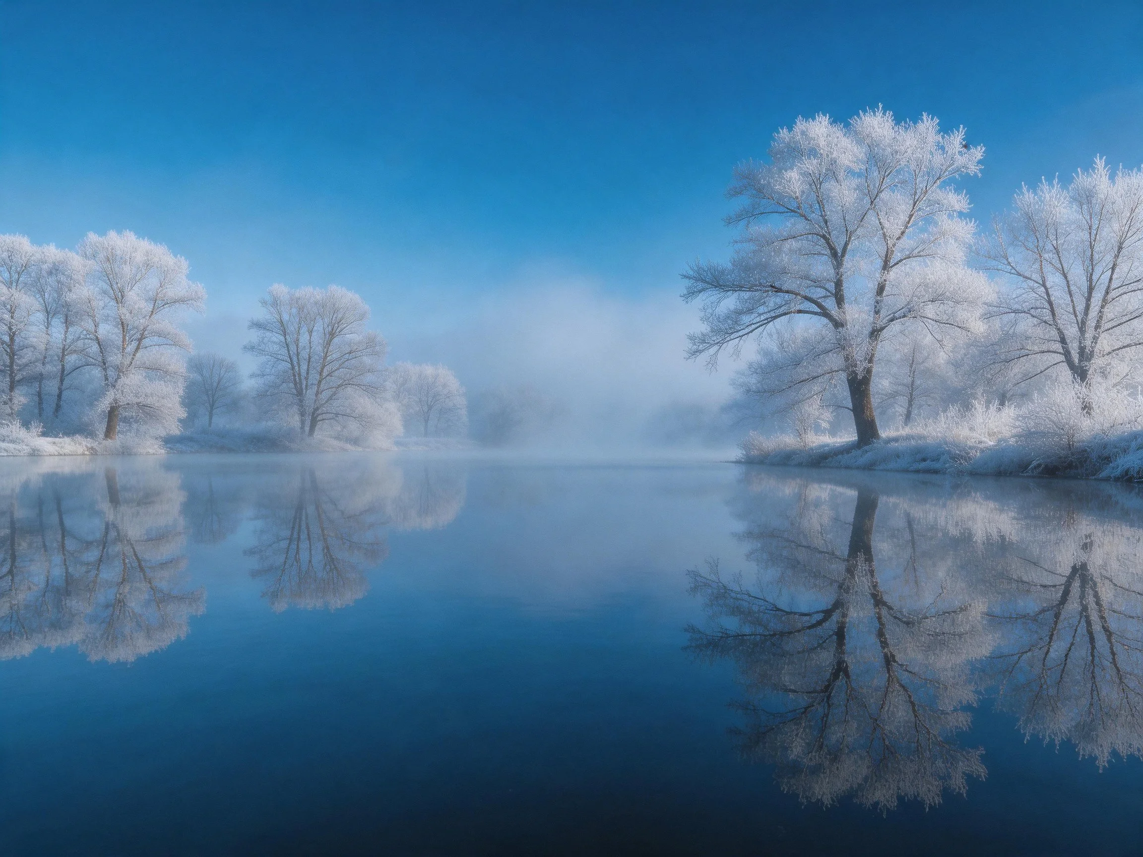 Frosted Trees Reflect on Serene Winter Waters
