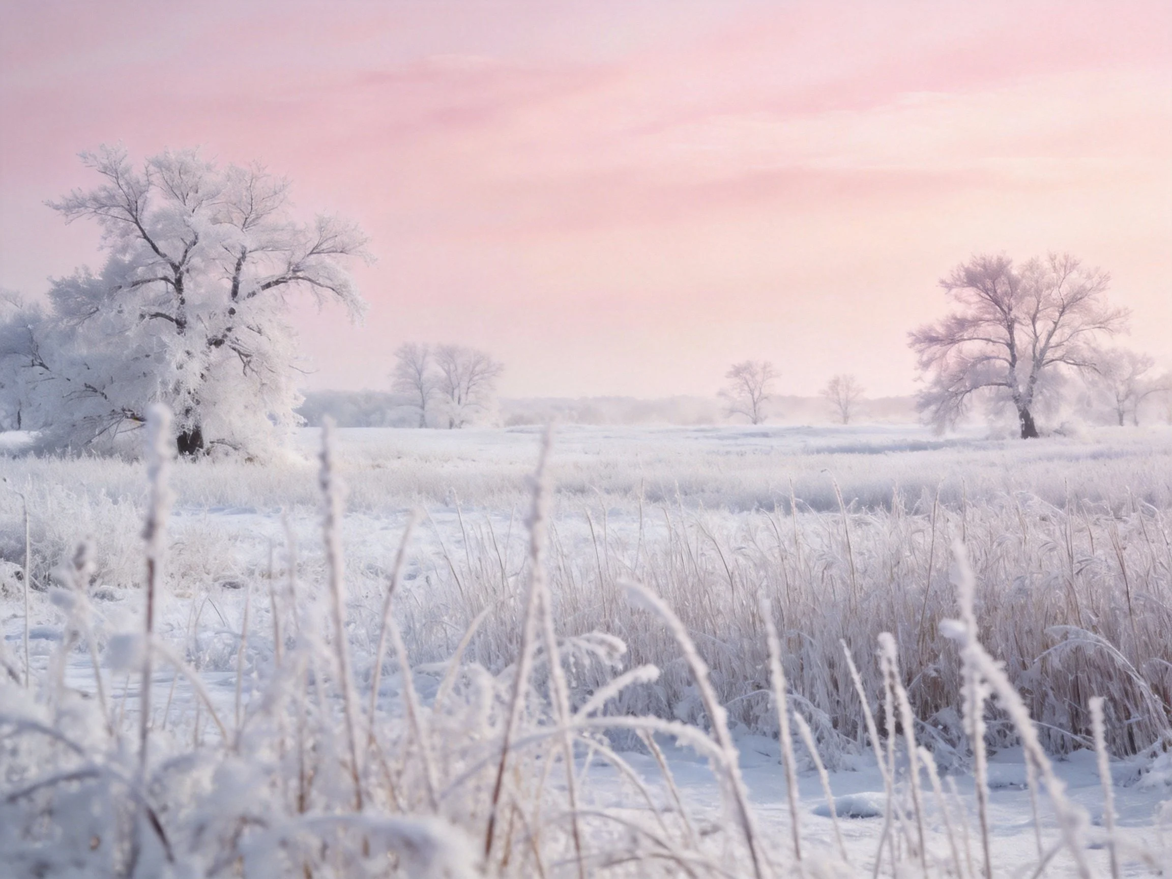 Frosted Trees and Snow-Covered Fields Under Pink Sky