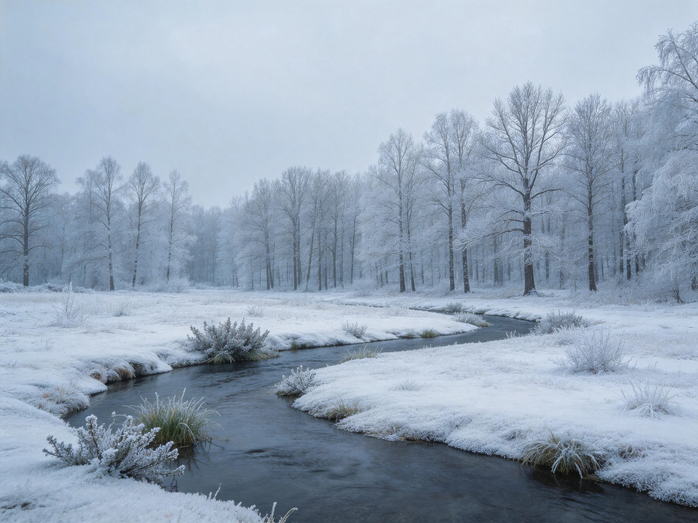 Frosted Trees and Snow-Covered Stream