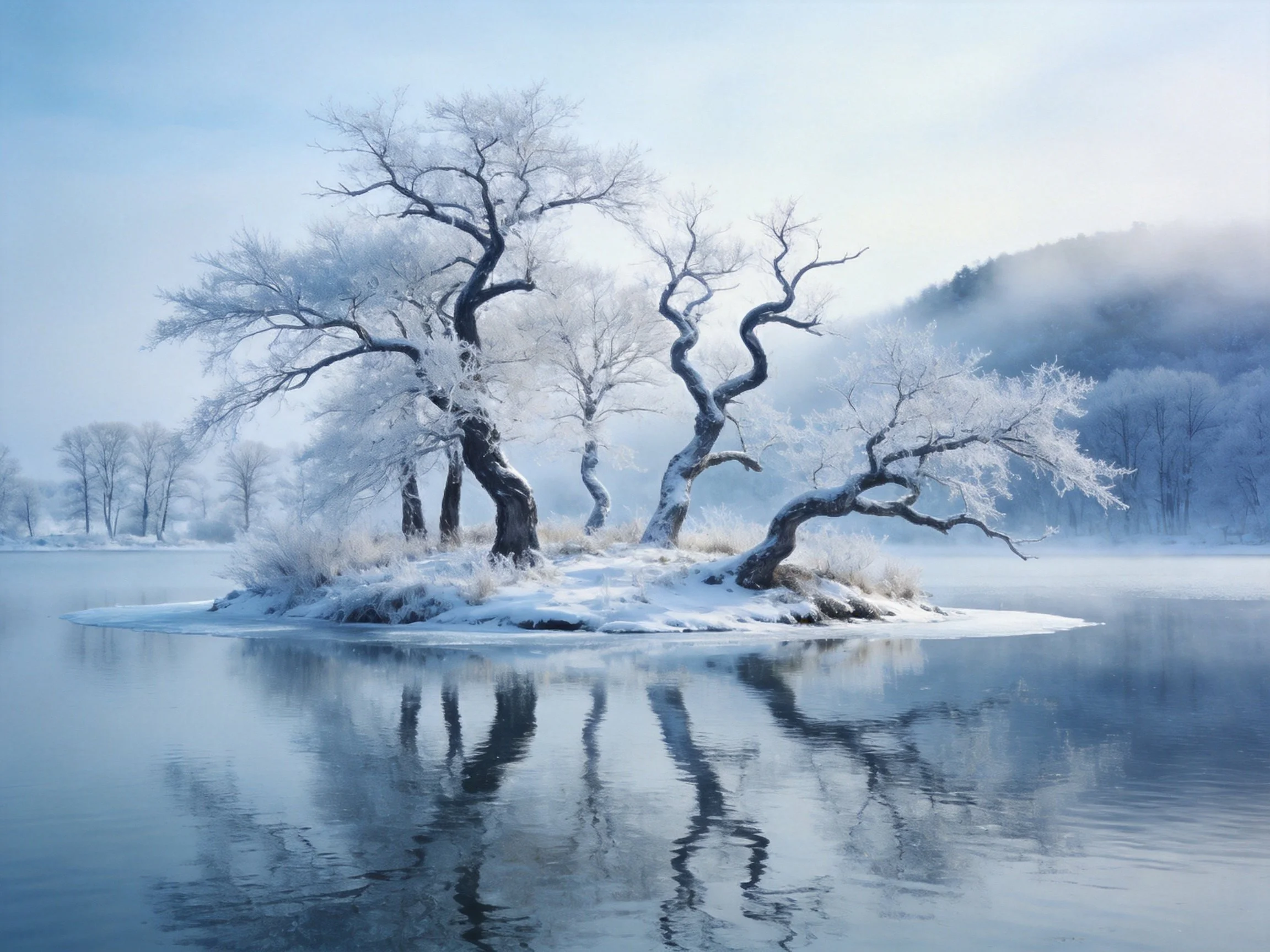 Frosted Trees on a Snow-Covered Lake Island with Misty Reflections
