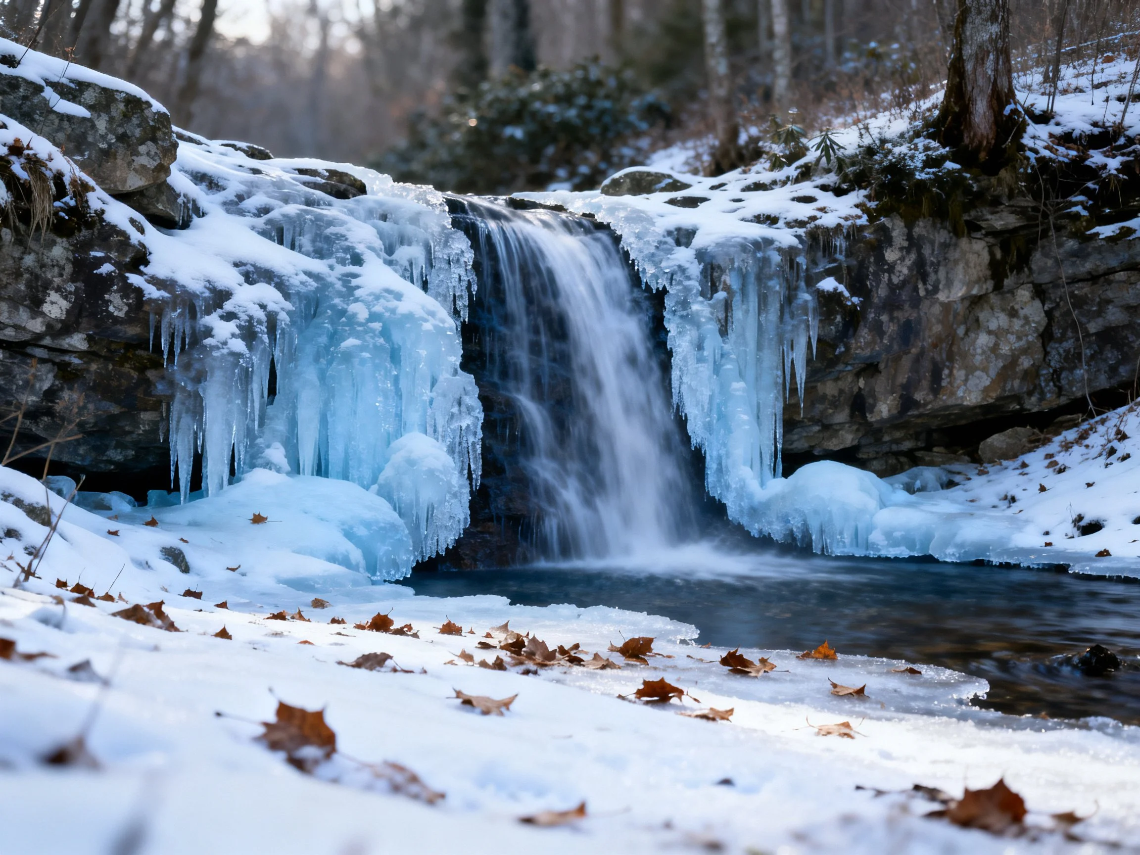 Frosted Waterfall with Snow-Covered Rocks and Icicles