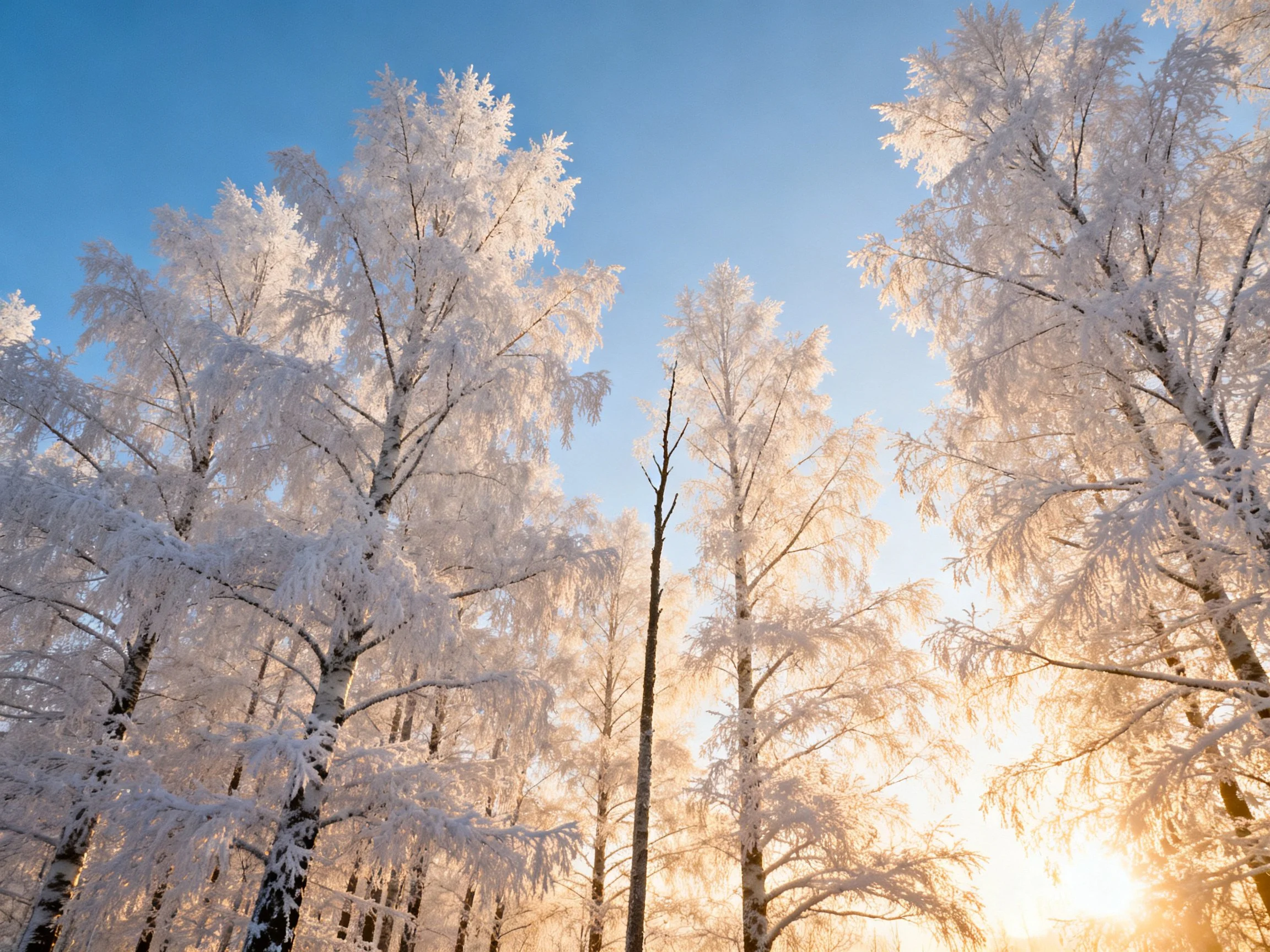 Frosted birch trees glisten under clear blue sky