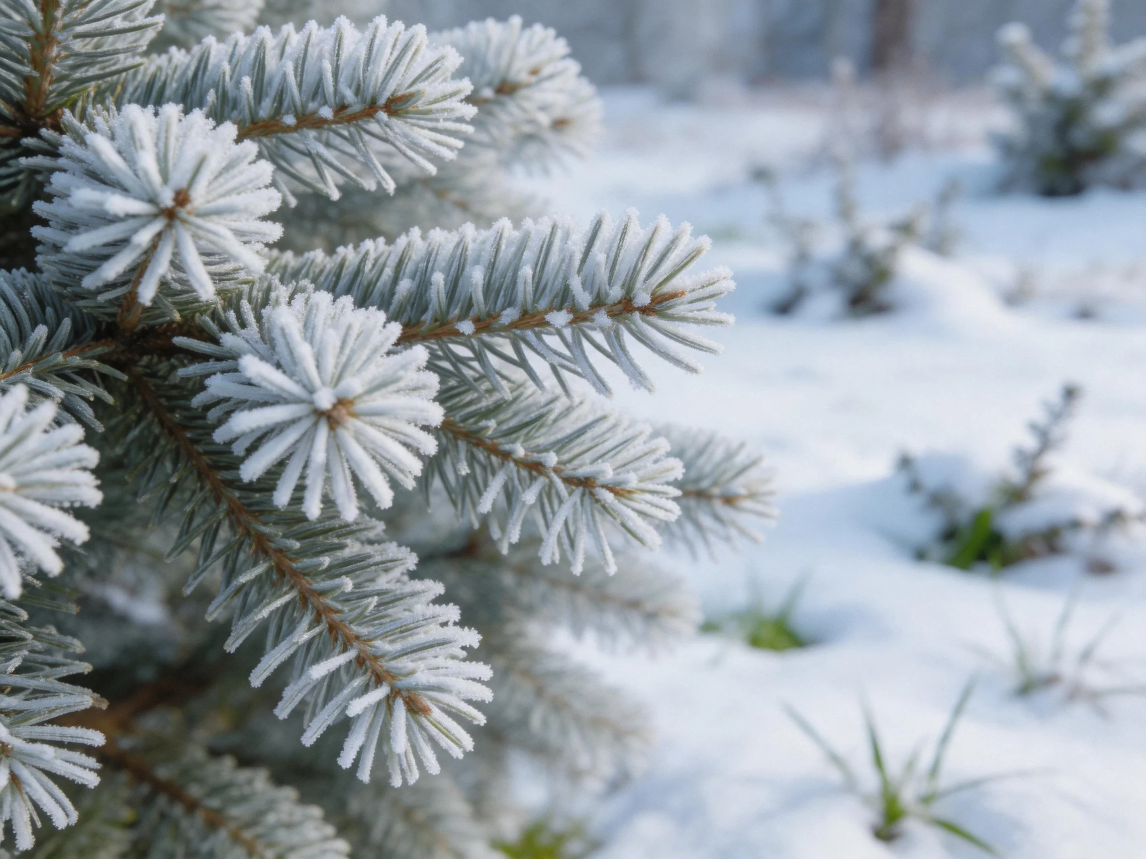 Frosted evergreen branches amidst a snowy winter scene