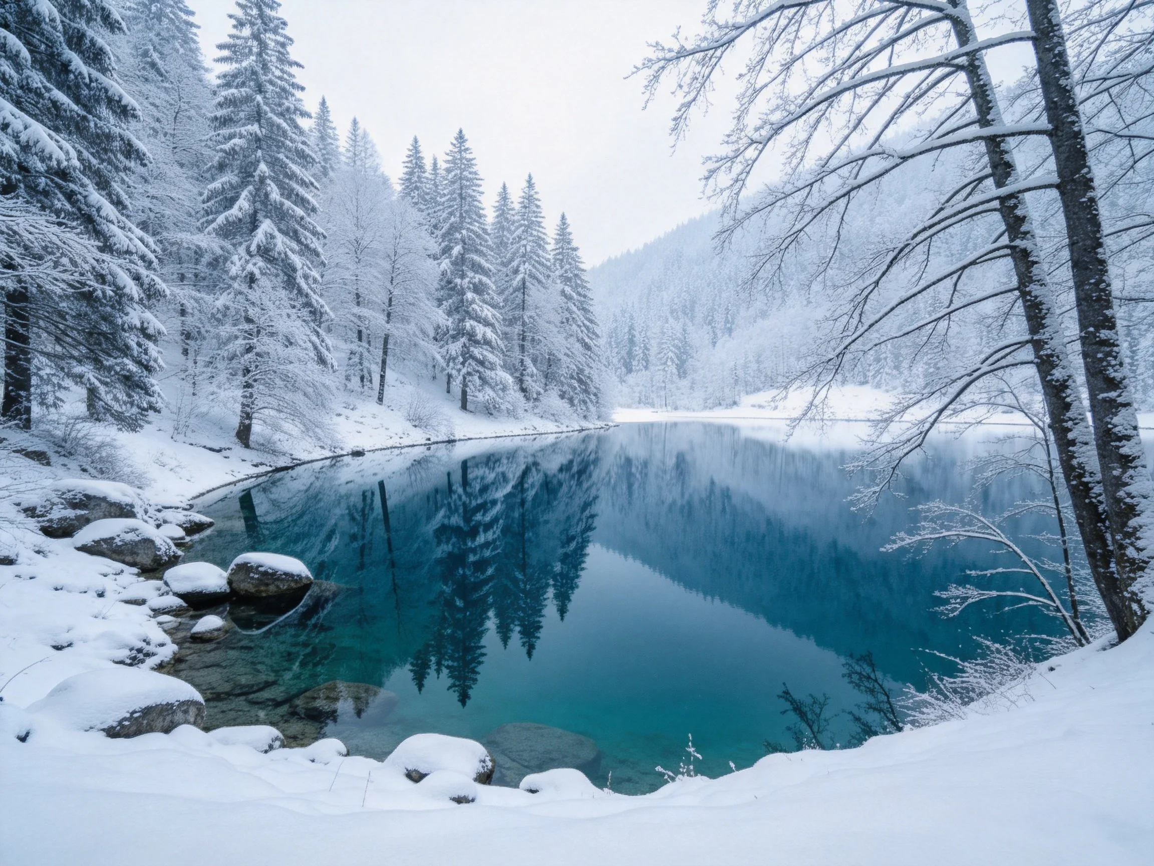 Frosted evergreens frame a serene turquoise winter lake