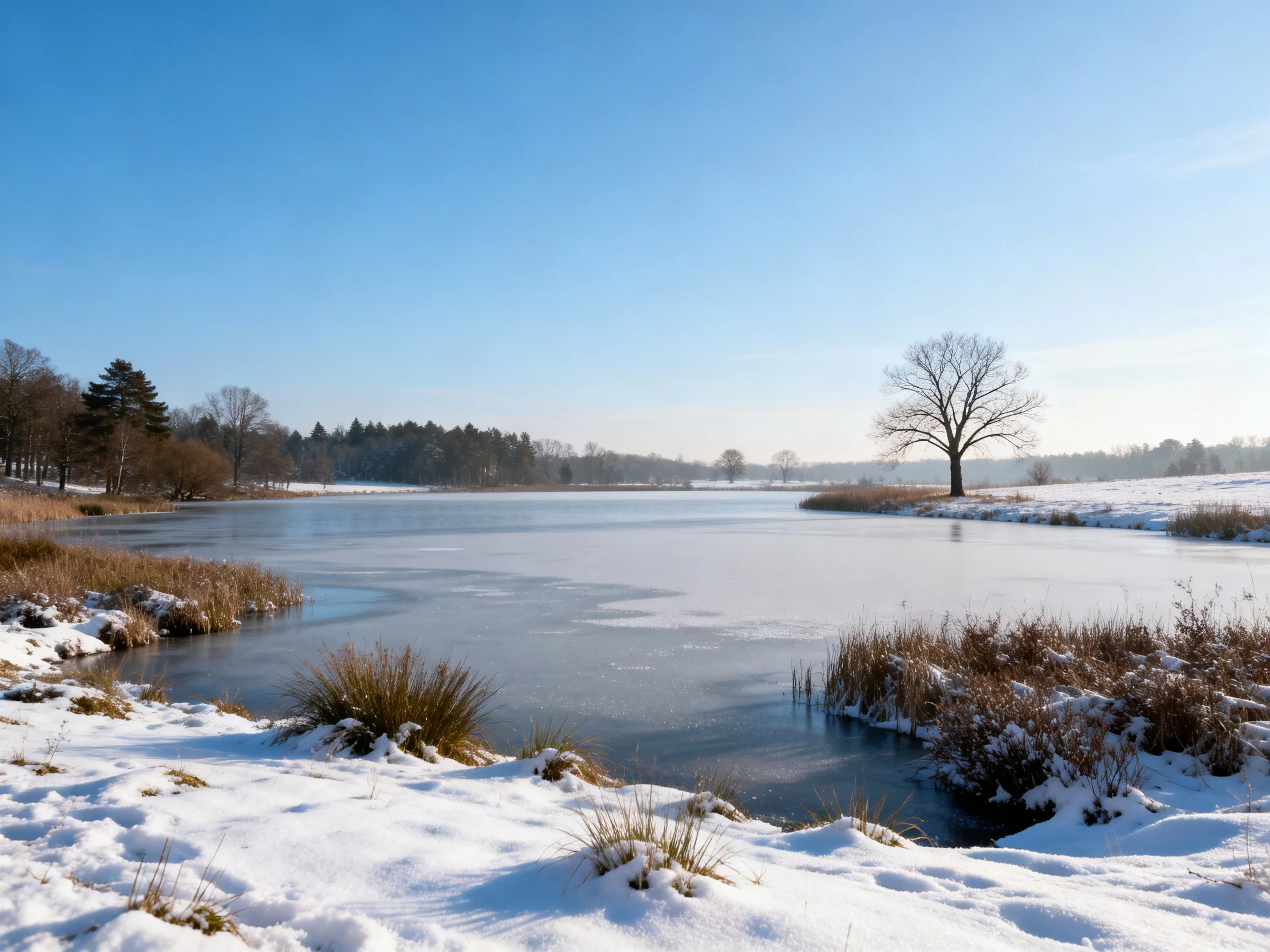 Frosted lake and snowy terrain with a lone bare tree