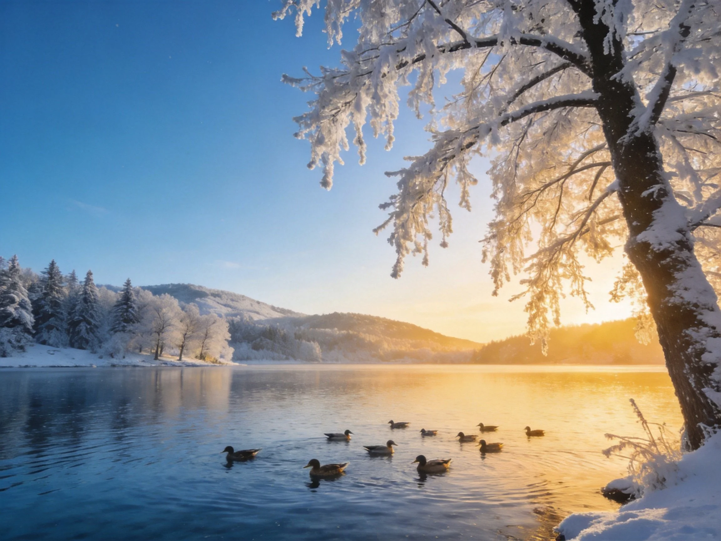 Frosted tree, duck-swimming lake, golden winter sunset