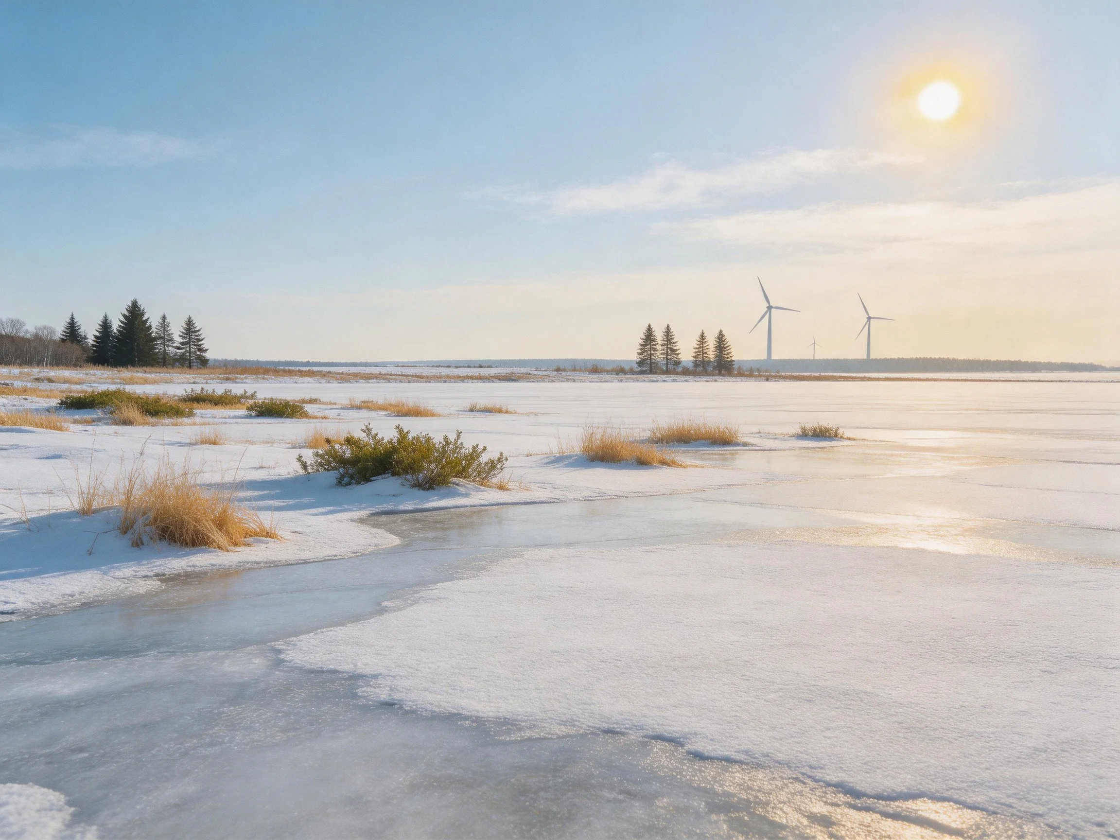 Frosty landscape with wind turbines, evergreen trees, and icy fields