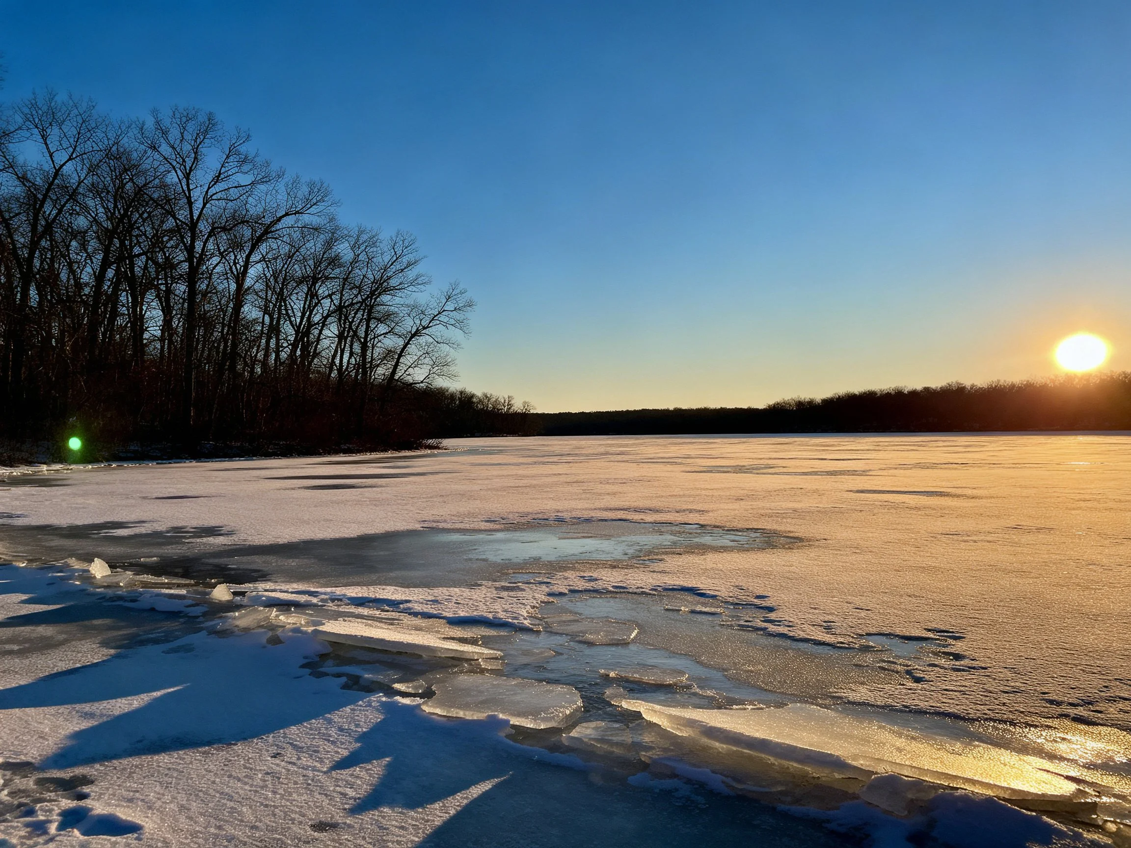 Frozen Lake at Sunset with Bare Trees and Clear Blue Sky