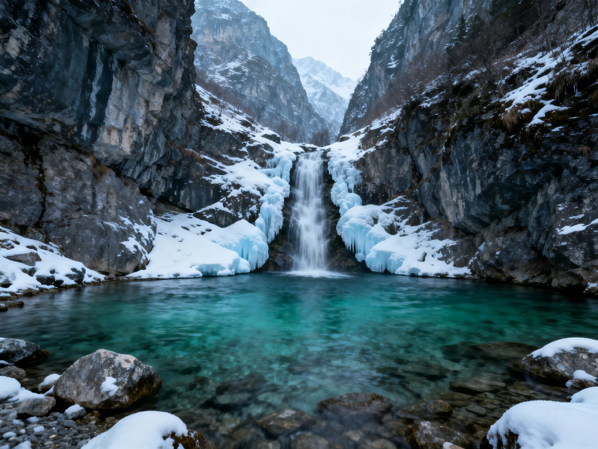 Frozen waterfall in snow-draped rocky canyon with turquoise pool
