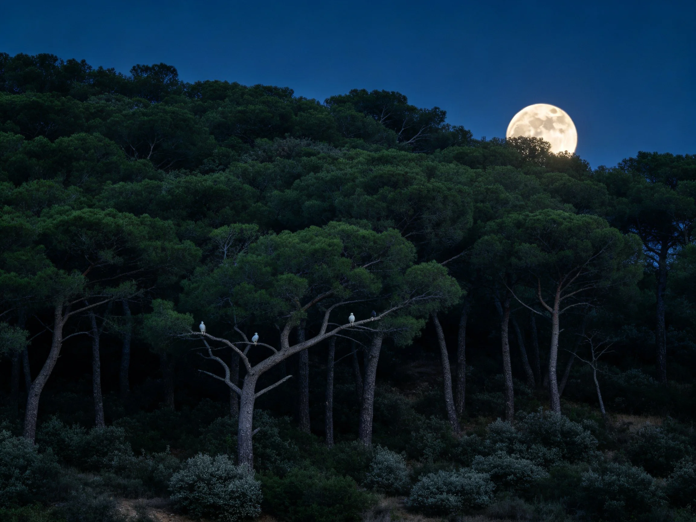 Full Moon Illuminating Dense Forest with Perched Birds