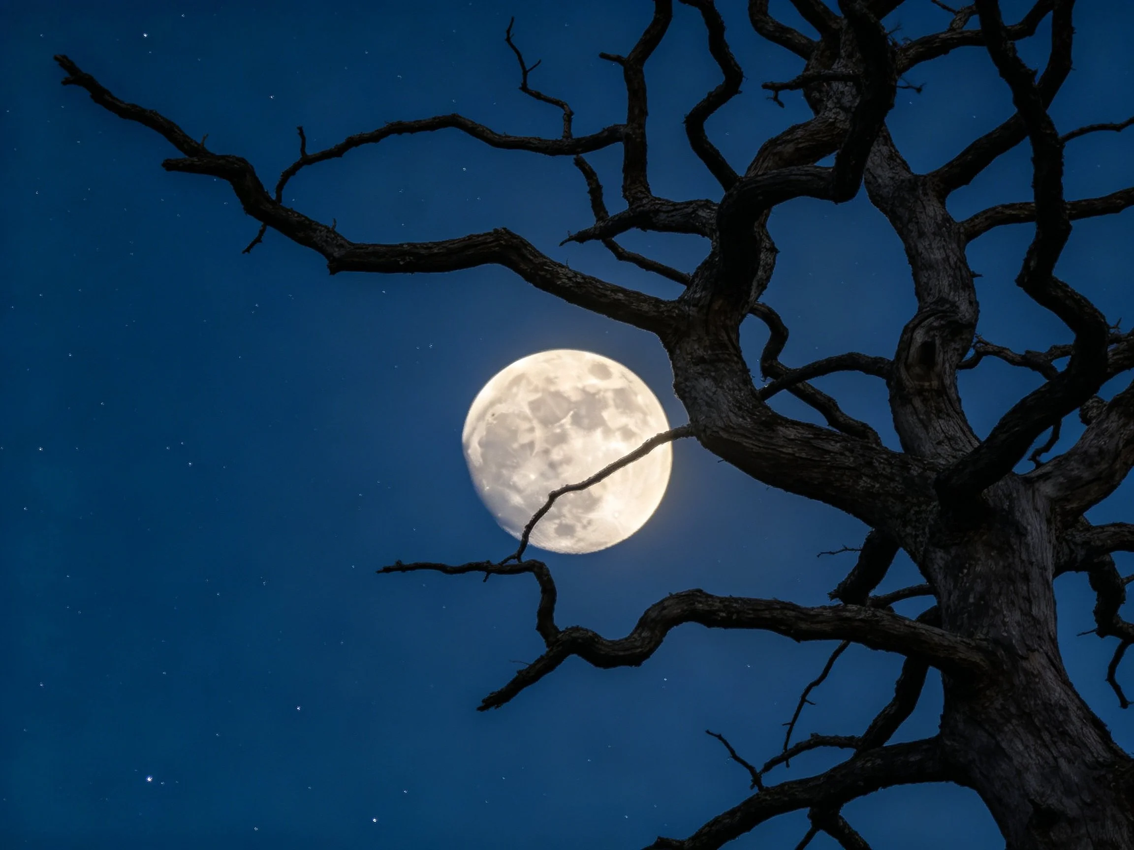 Full Moon Partially Obscured by Gnarled Tree in Deep Blue Sky