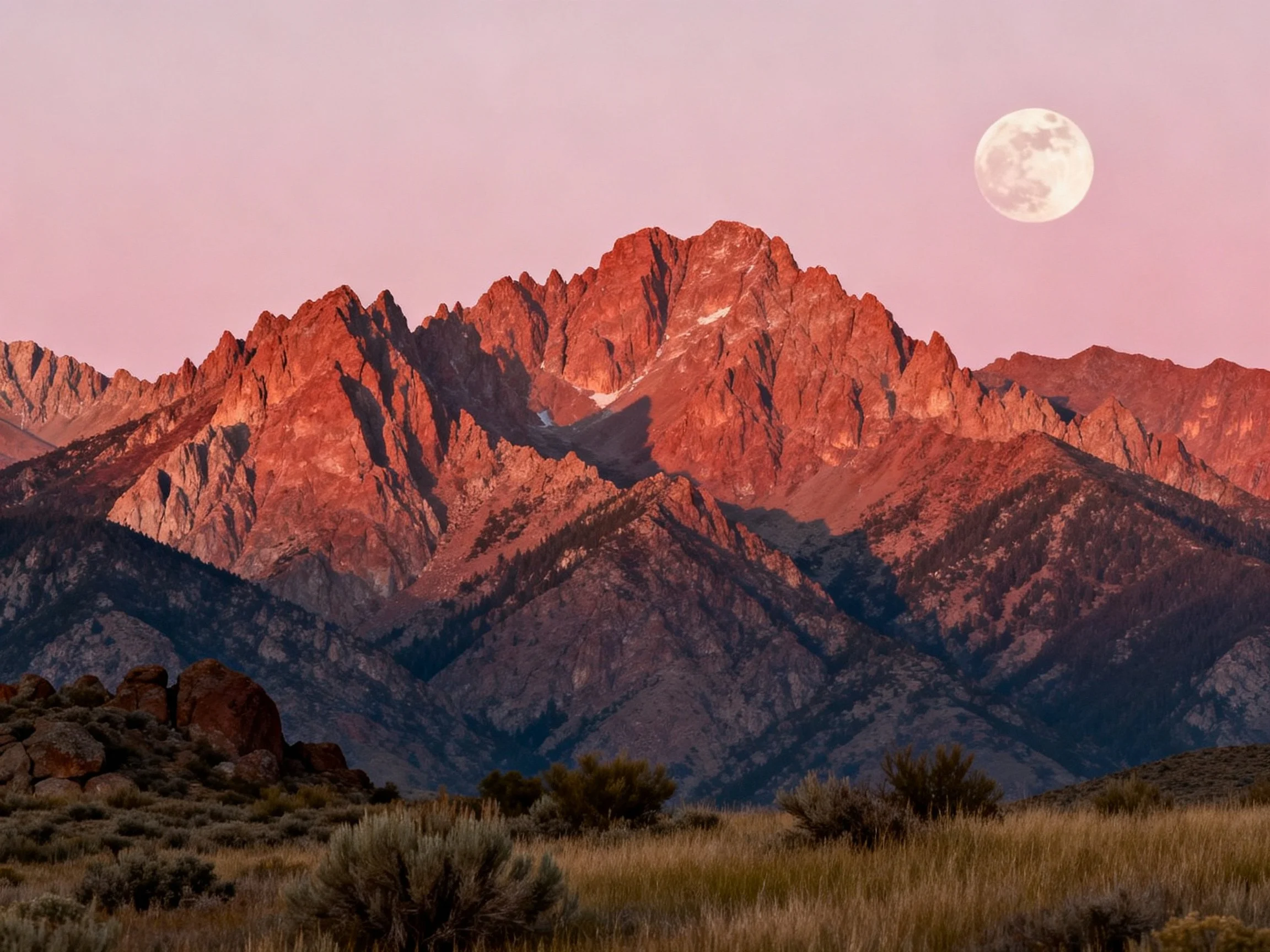 Full moon above reddish-brown mountain peaks with desert landscape