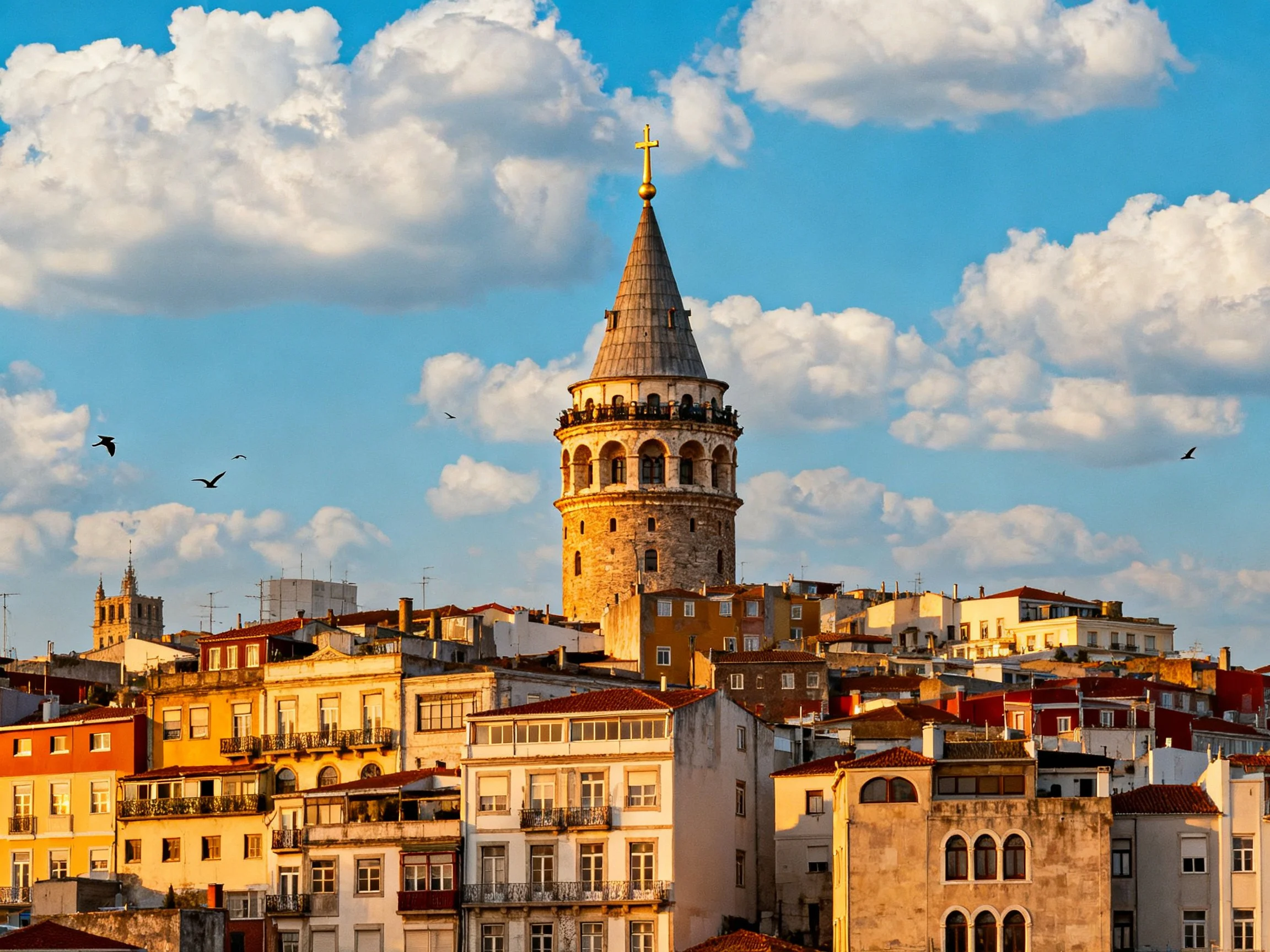 Galata Tower rises above vibrant historic buildings under sunny sky