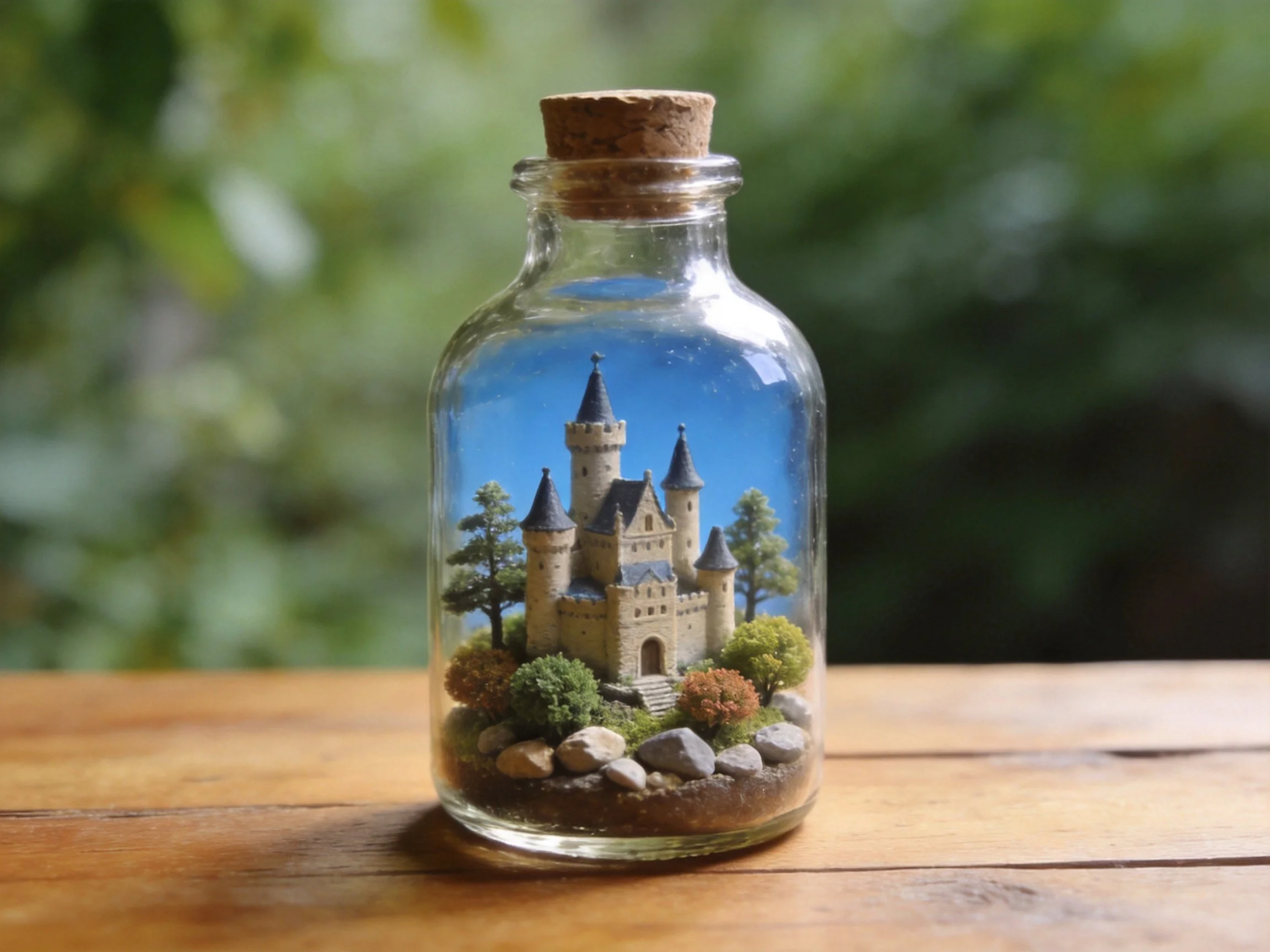 Glass bottle with cork holds miniature castle, blue sky, trees, rocks