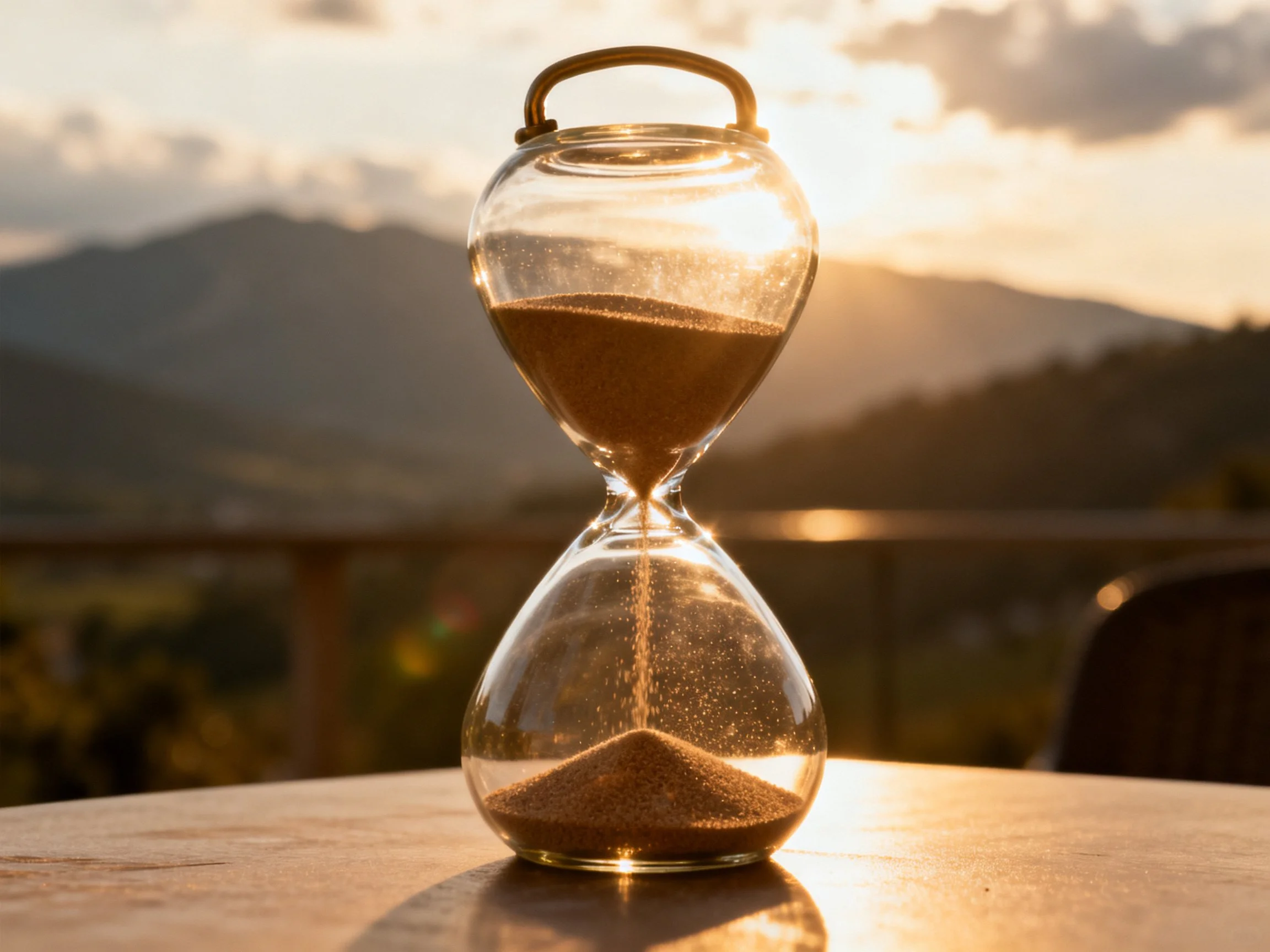 Glass hourglass with brown sand near mountainous sunset landscape