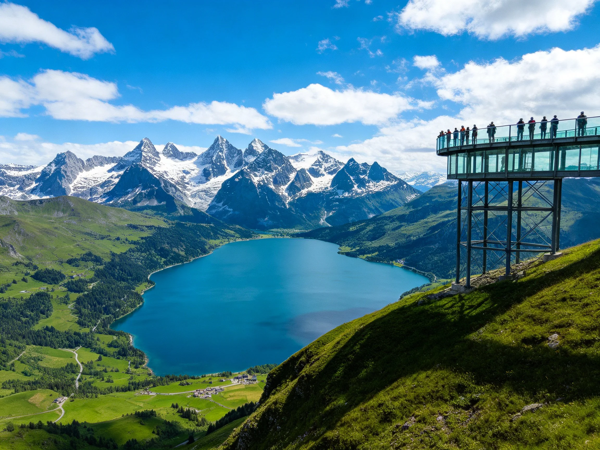 Glass observation deck overlooking blue lake and snow-capped peaks