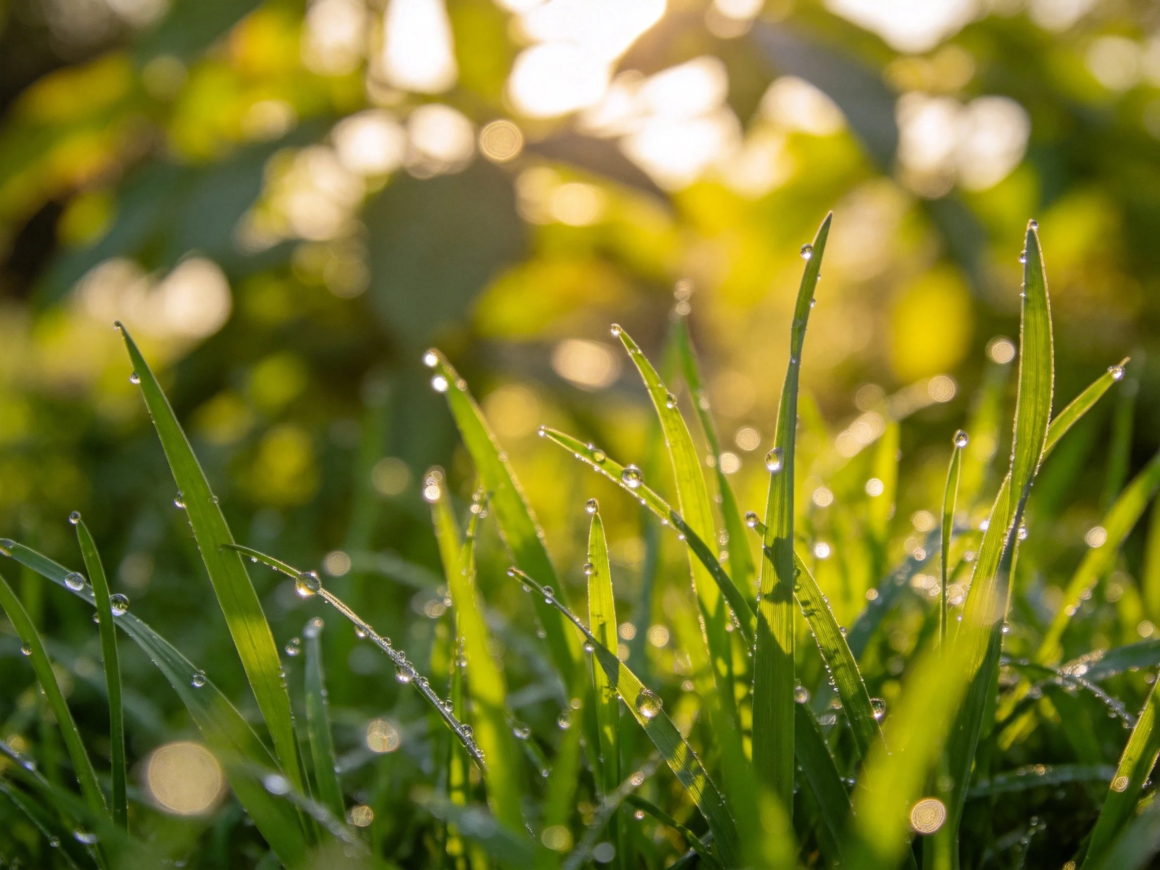 Glistening dew drops adorn vibrant green grass blades in soft sunlight