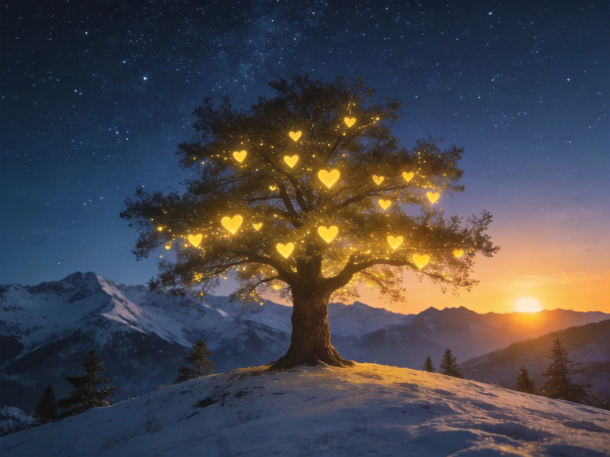Glowing Heart-Adorned Tree on Snow-Covered Hill Under Starry Skies