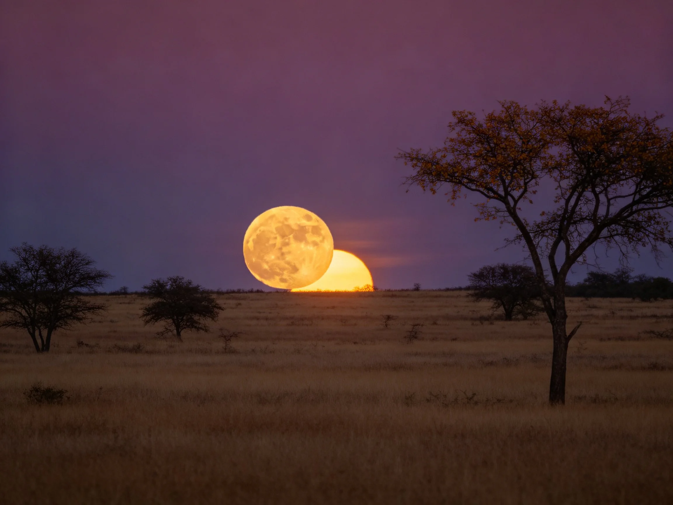 Glowing celestial orbs over savannah landscape with scattered trees